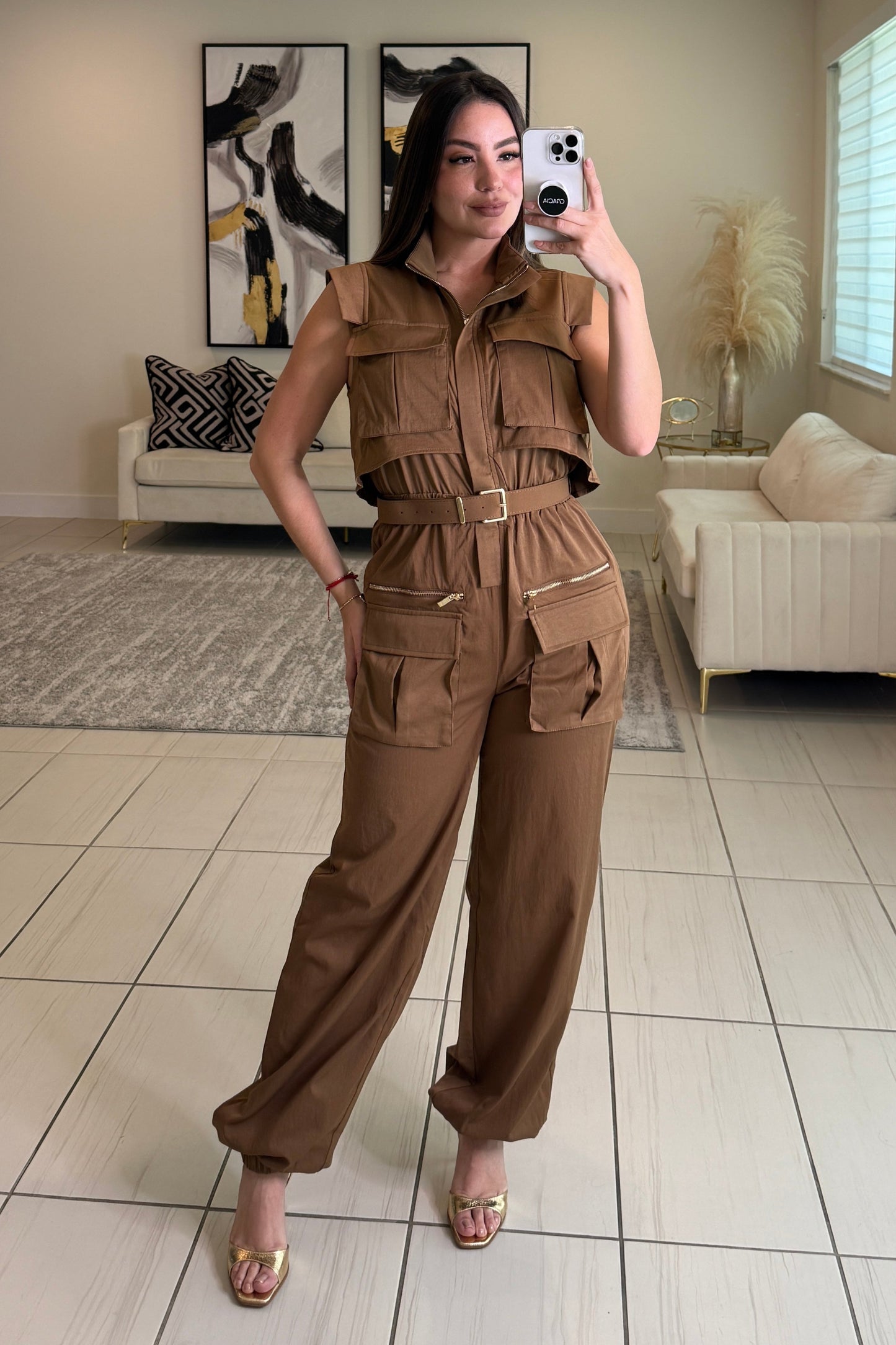 Forgive The Night Ruched Brown Jumpsuit
