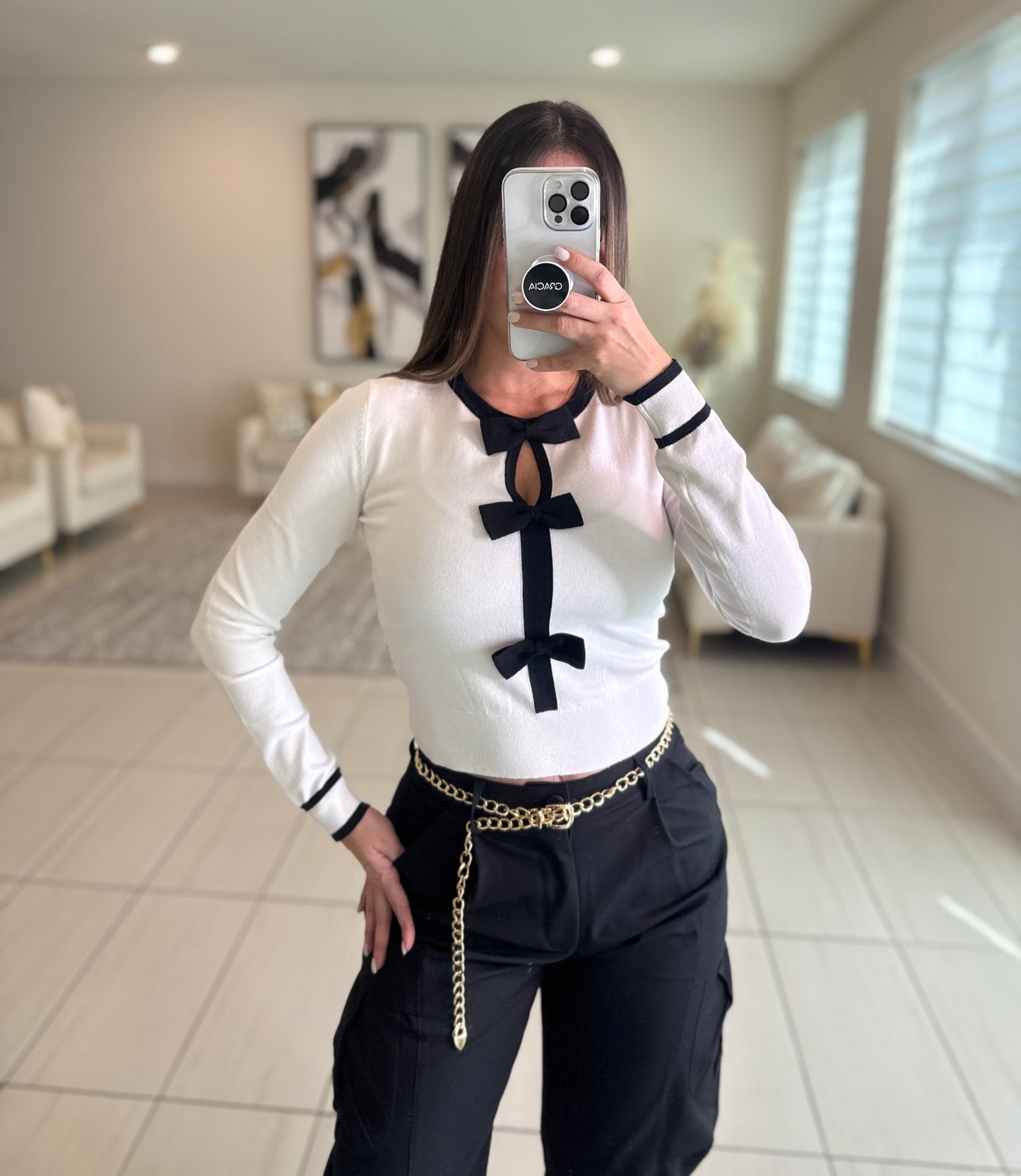 Cutest Bow Knit White Sweater Top