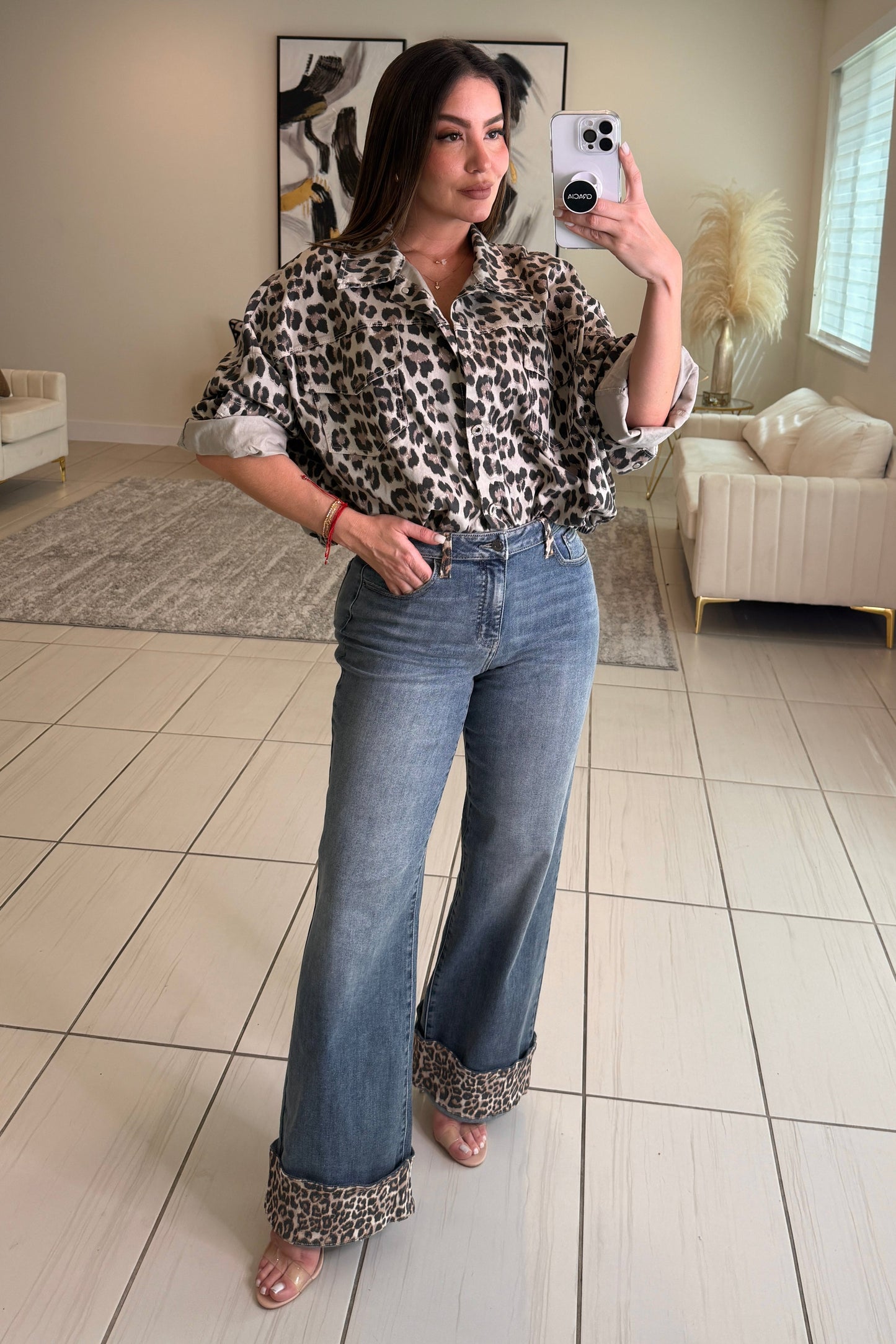 Power Contrast Denim and Leopard Pants