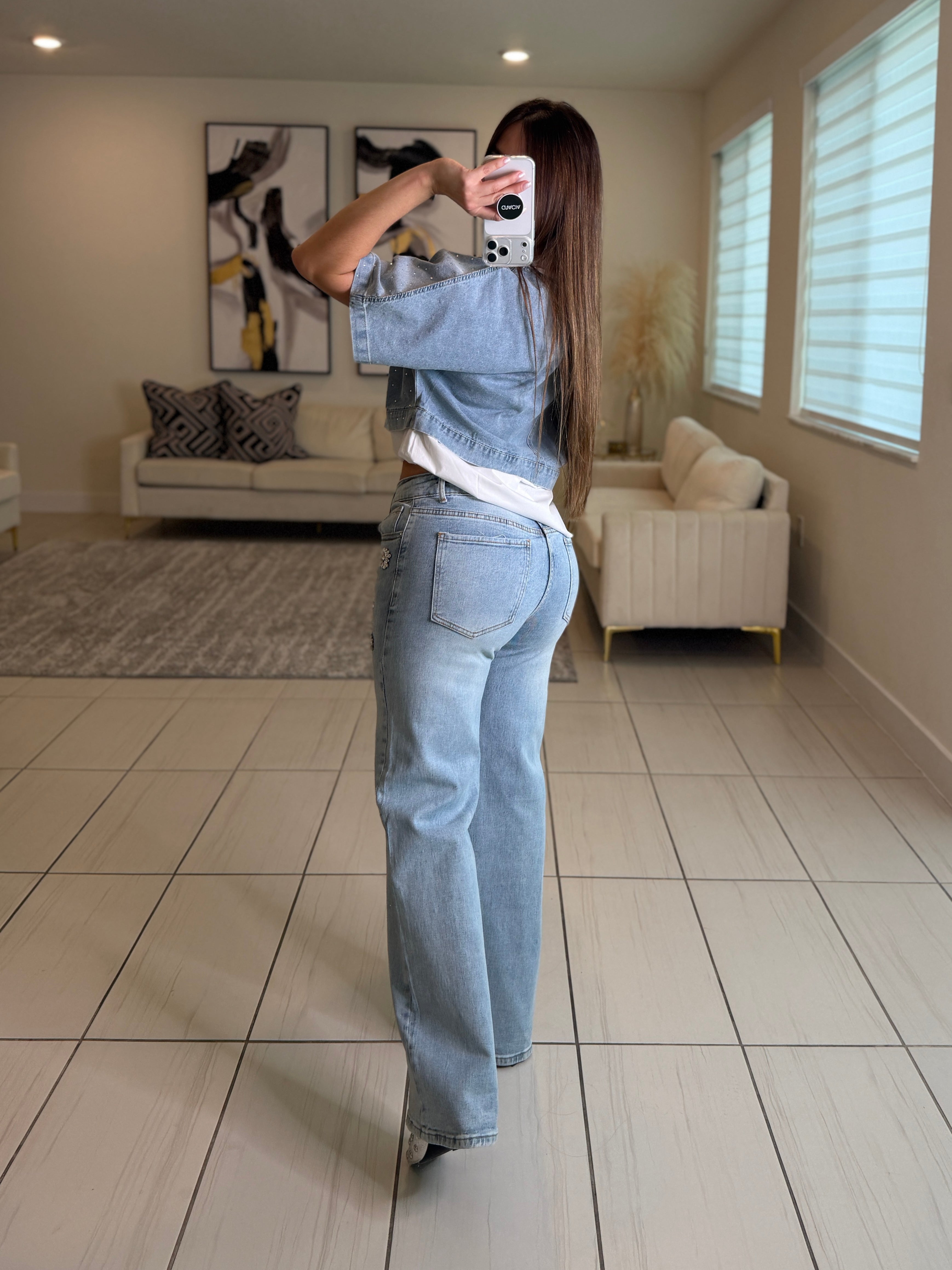 Sparkling Stones Flowers Denim Pants