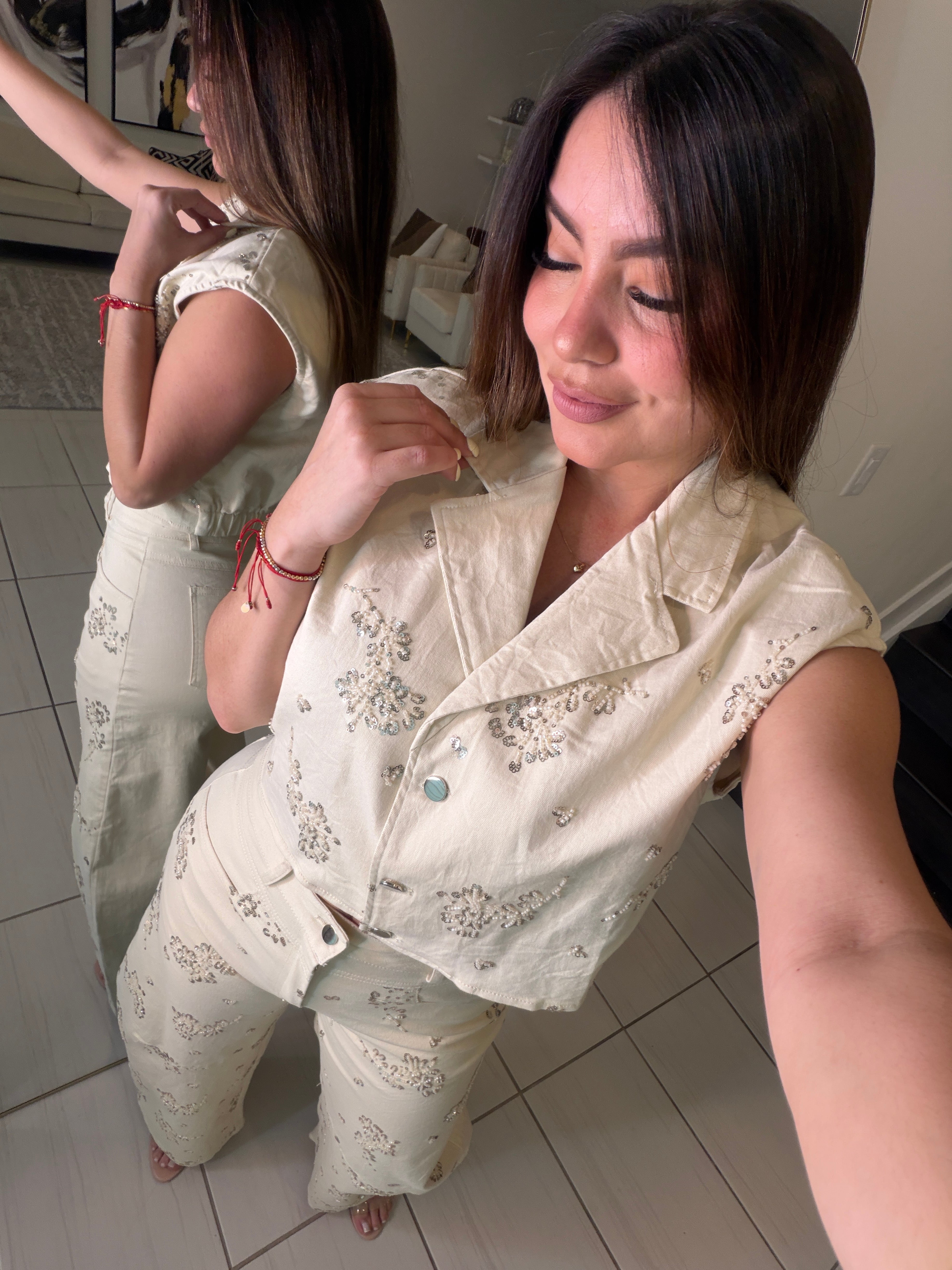 Blossom Sequin Beige Pant Set