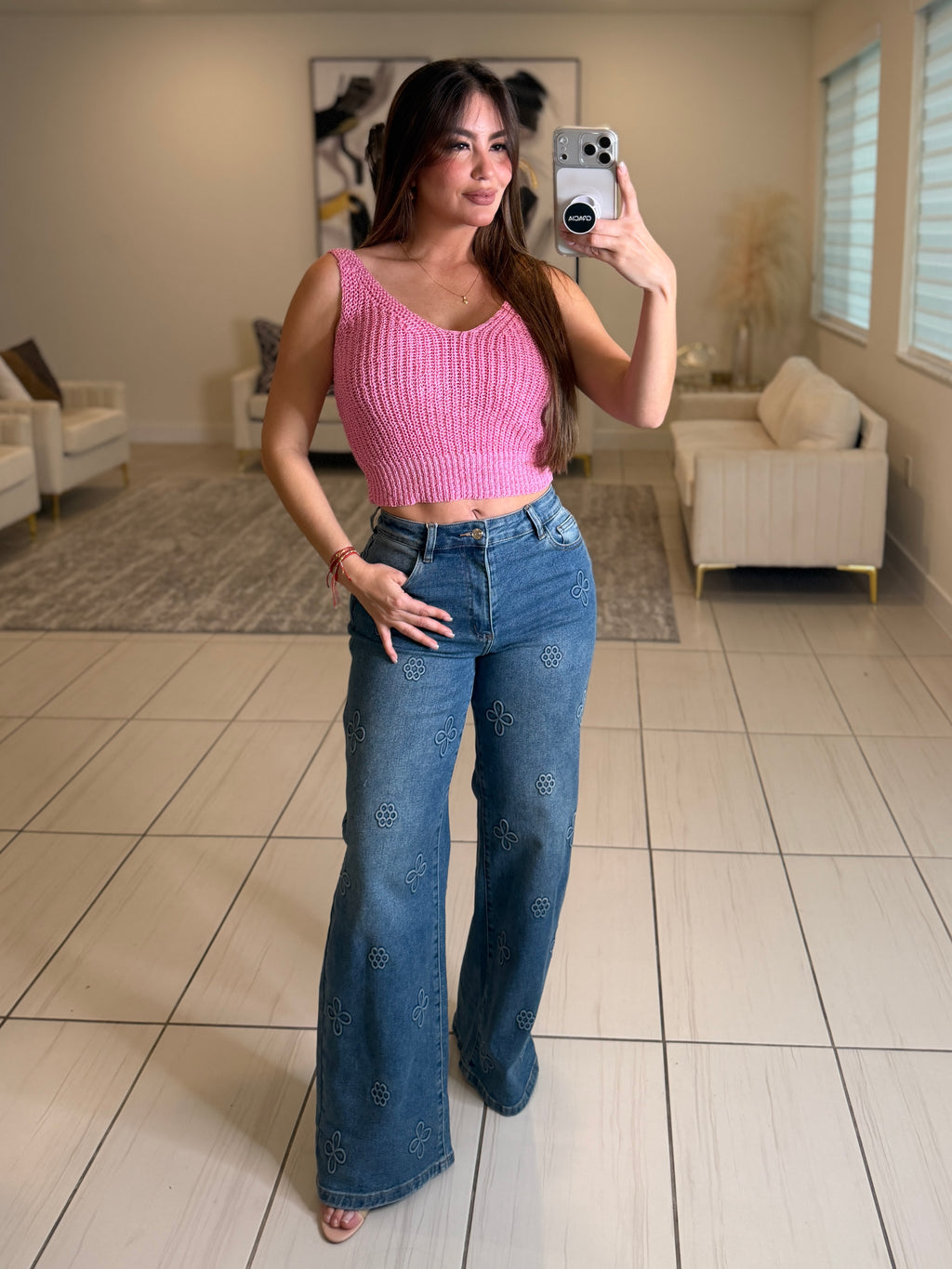 The Bloom Effect Floral Blue Denim Pants