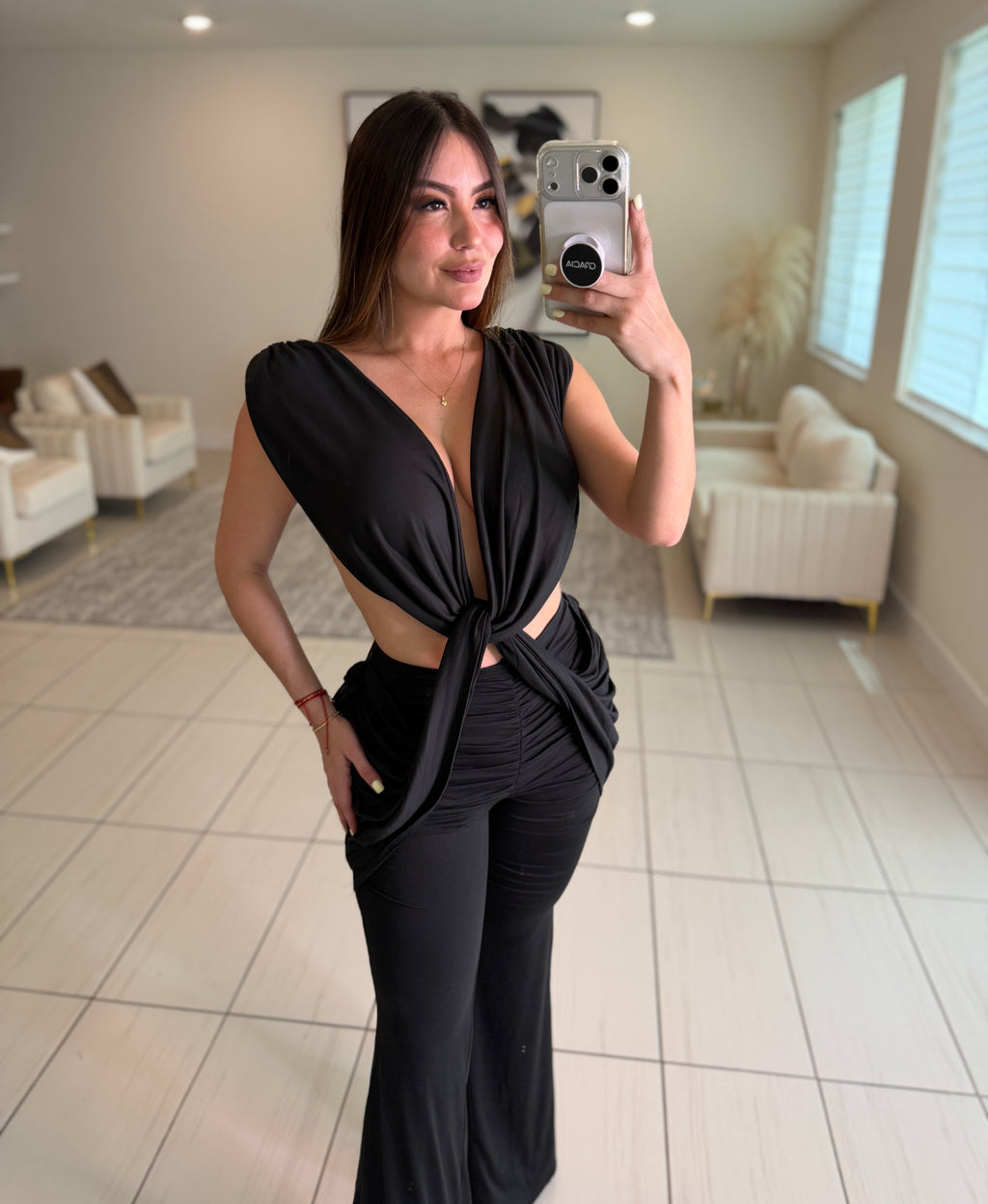 Crowned Desire Ruched Black Jumpsuit