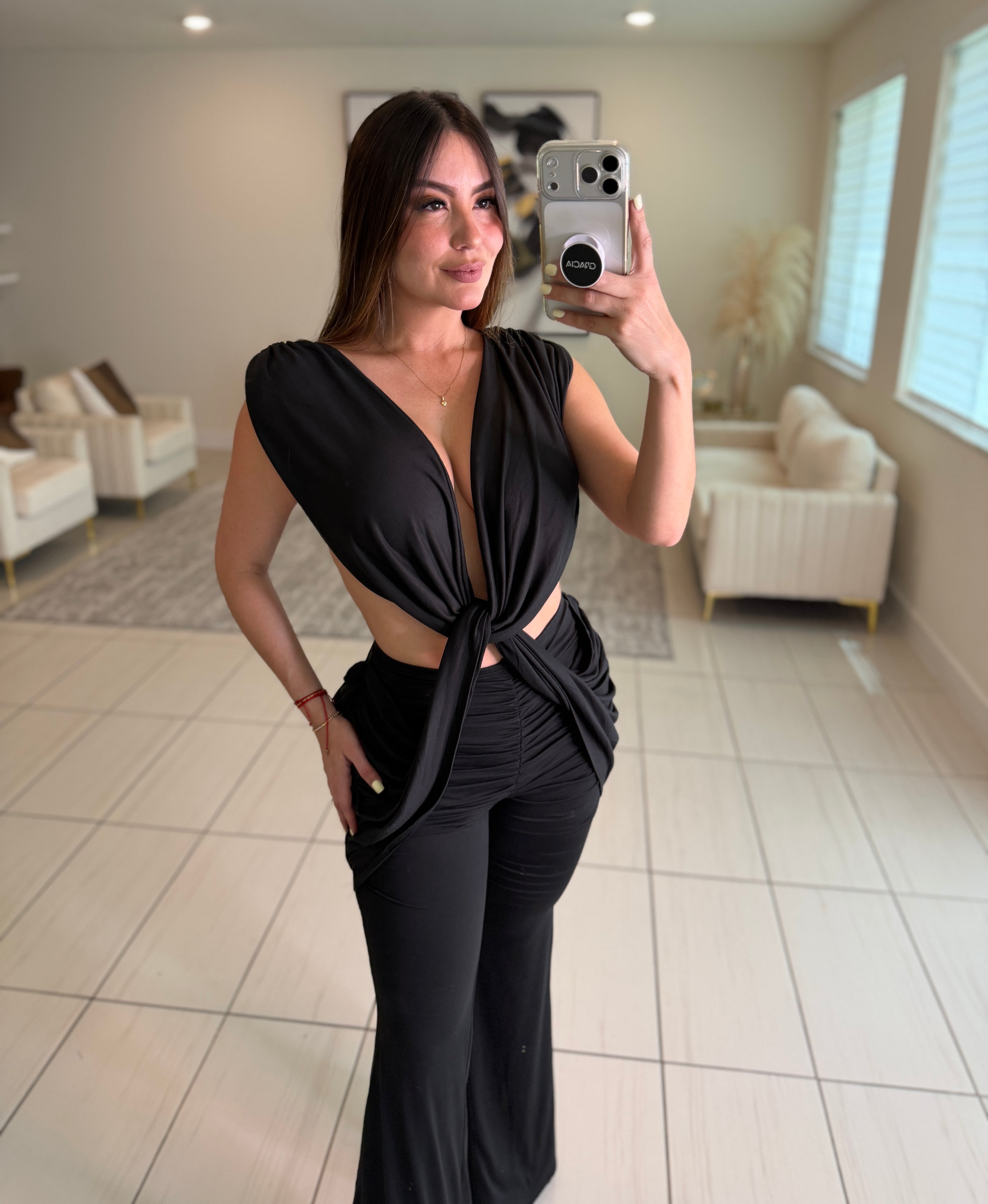 Crowned Desire Ruched Black Jumpsuit