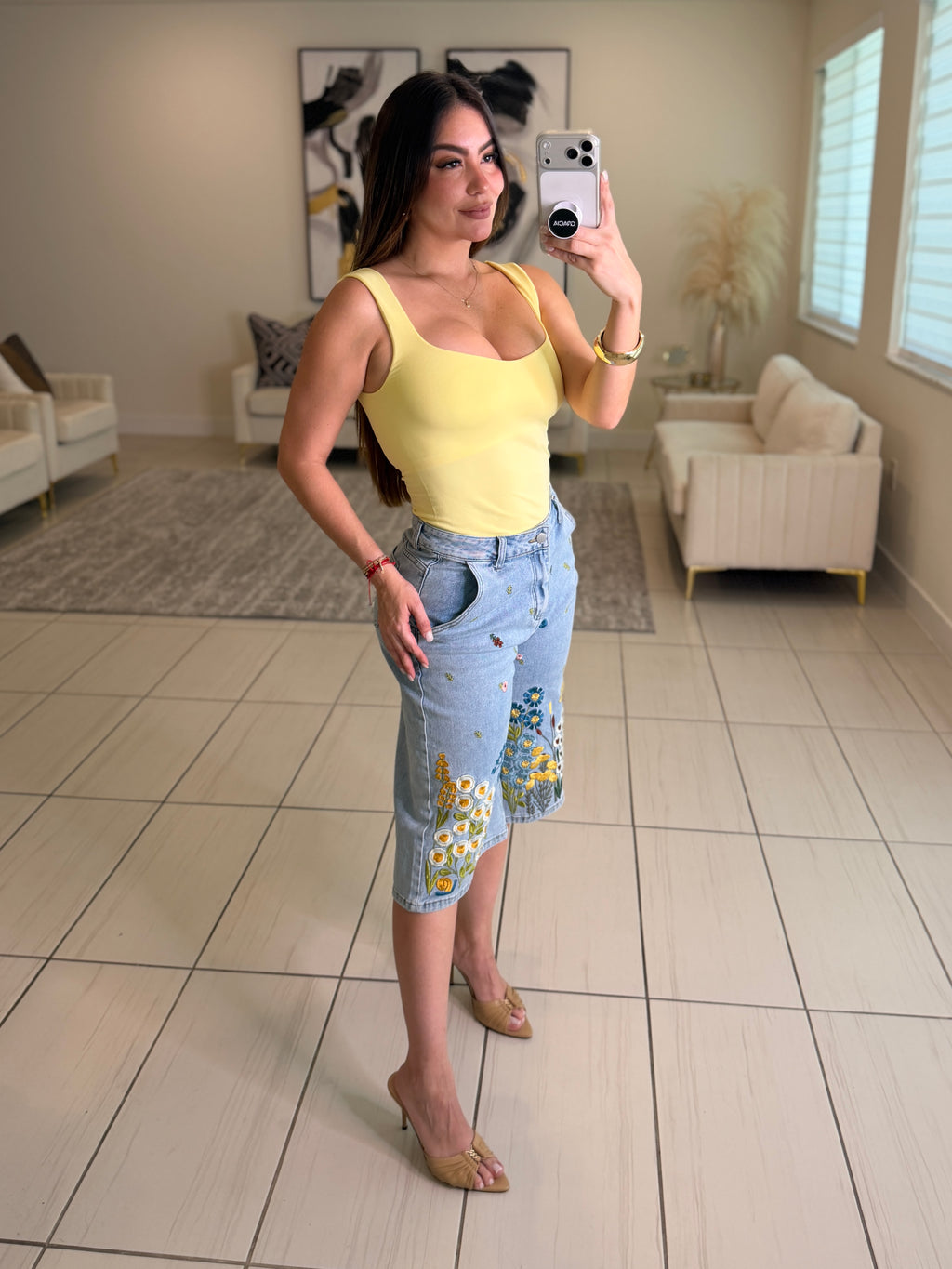 Bloom Embroidered Denim Shorts Set