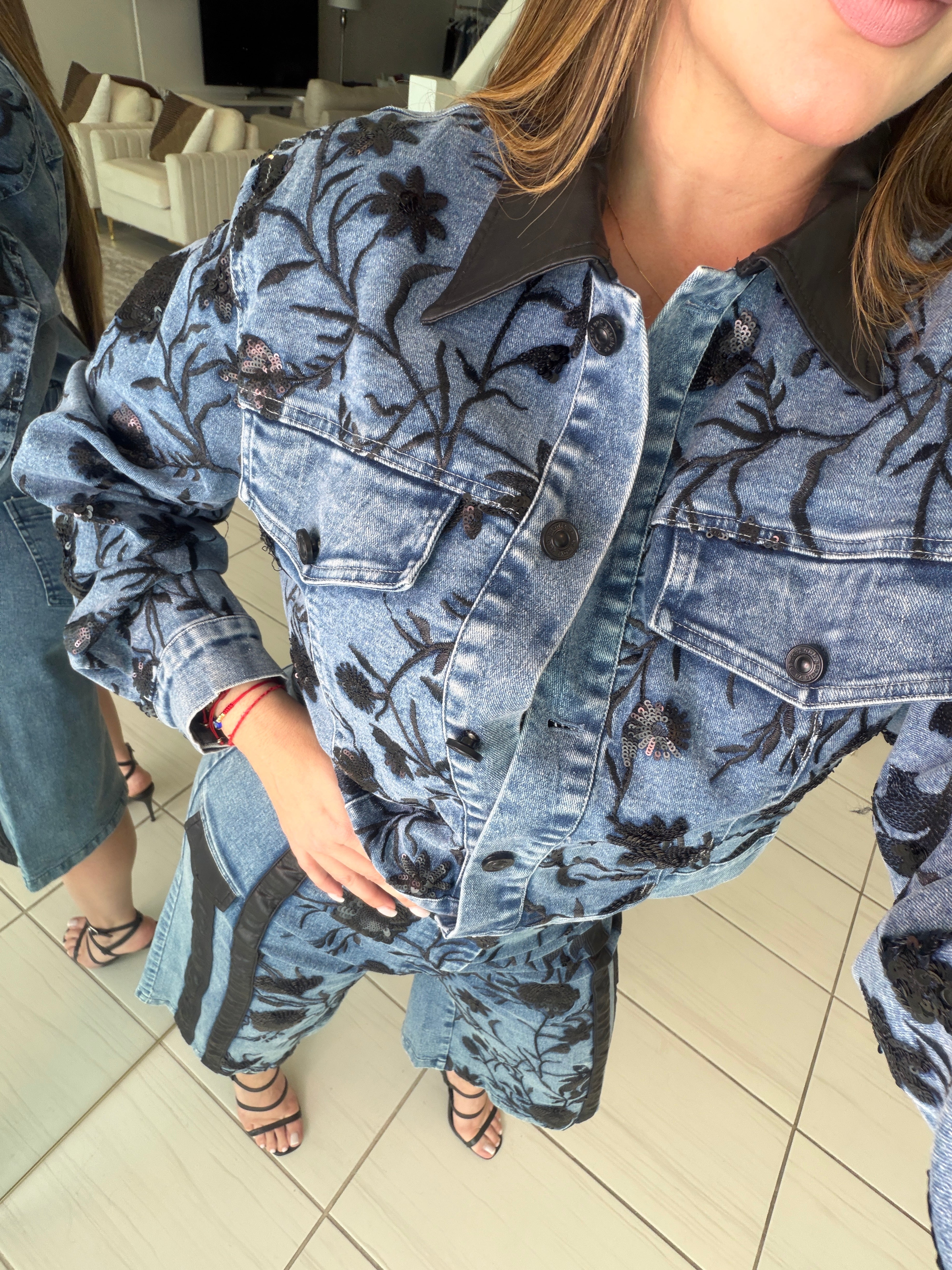 Midnight Bloom Denim Shorts Set