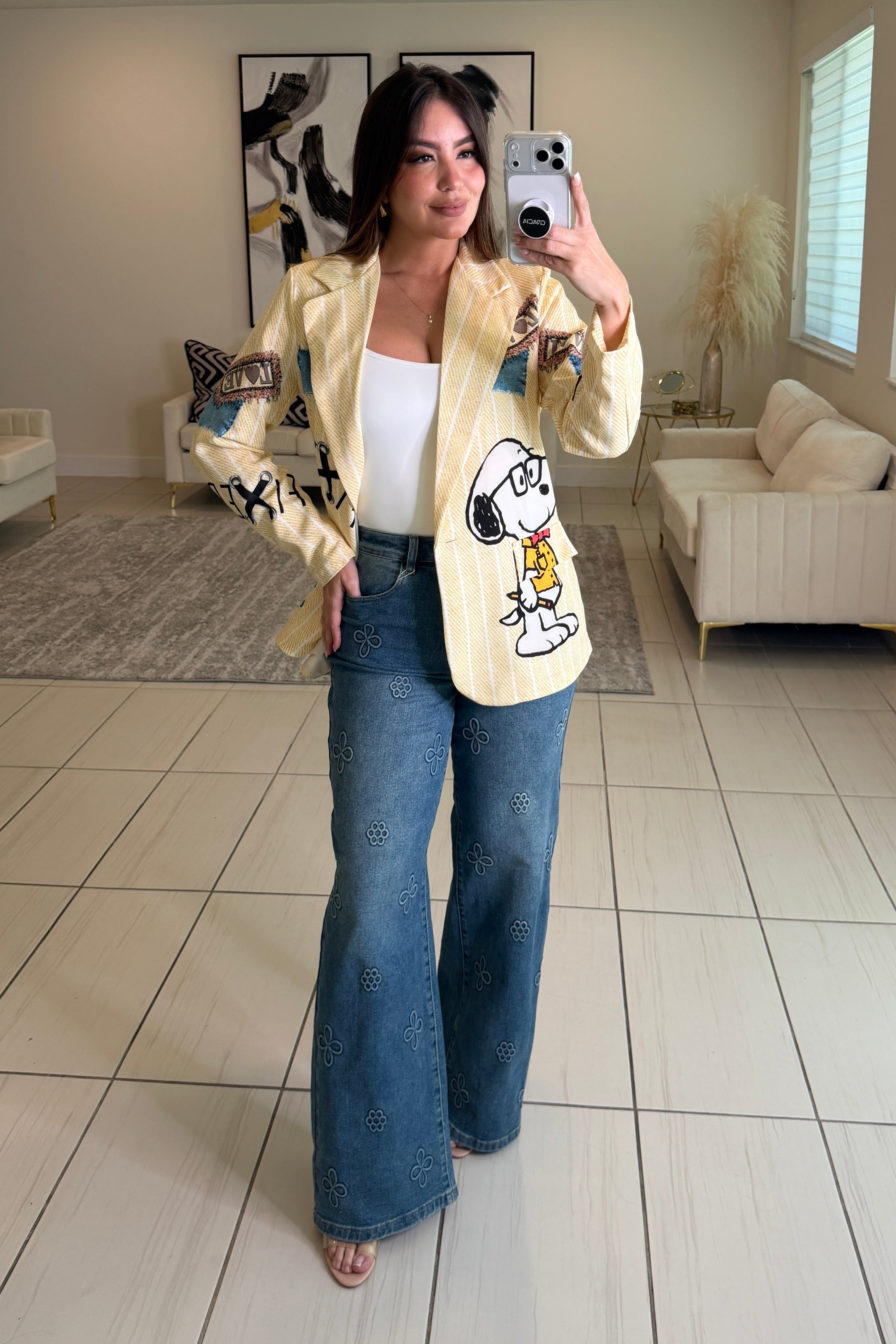 Bloom Effect Floral Blue Denim Pants