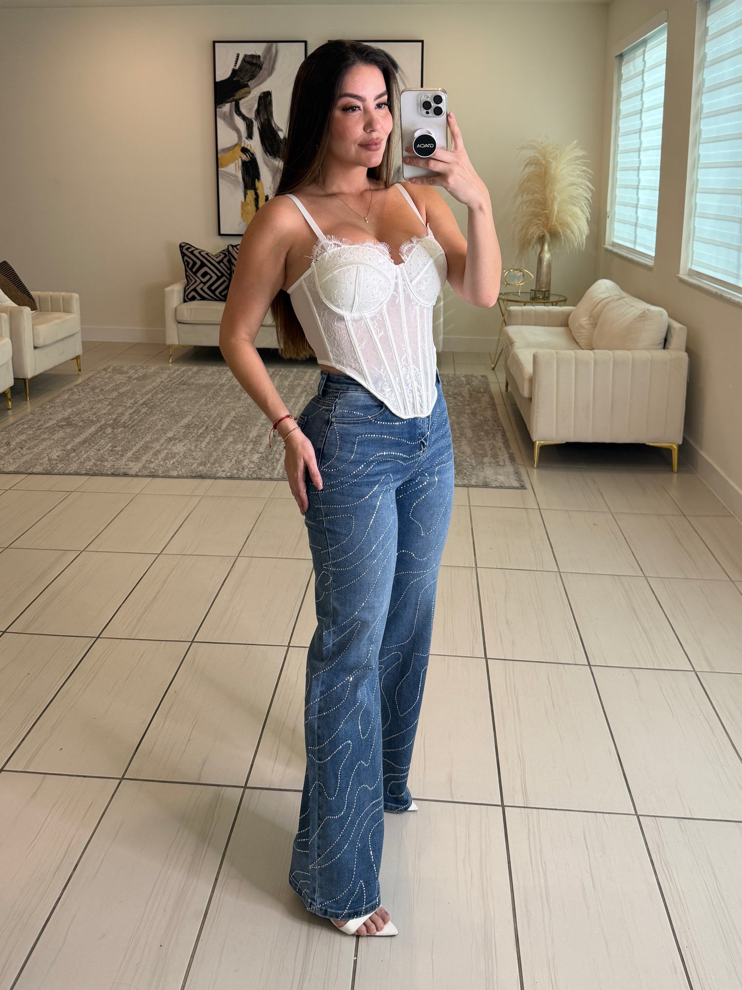 Femme Rhinestones Lines Denim Pants