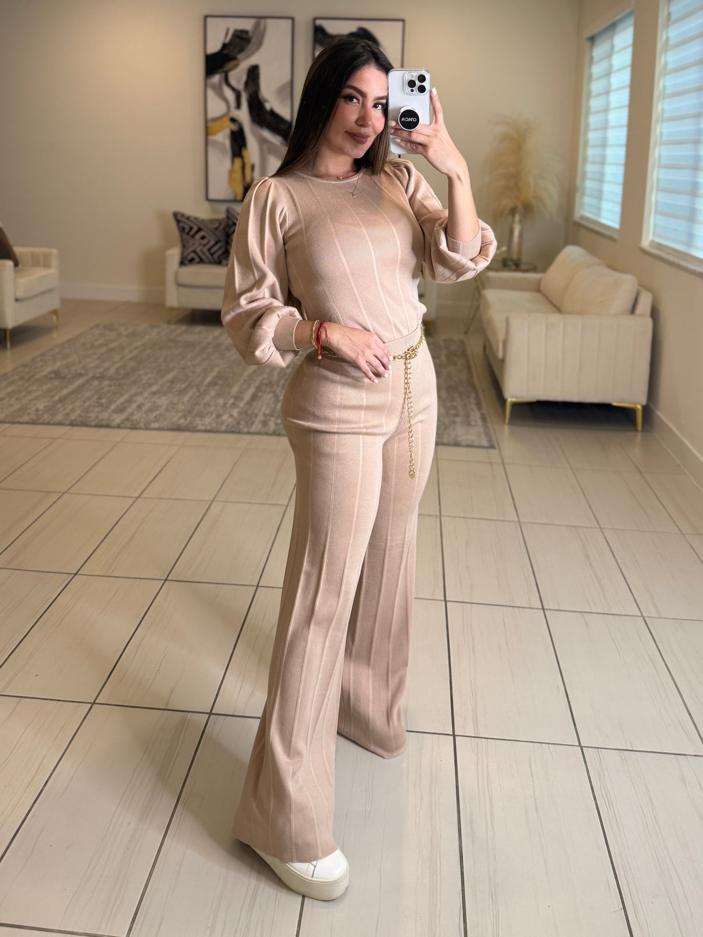 Checkmate Knit Beige Pant Set