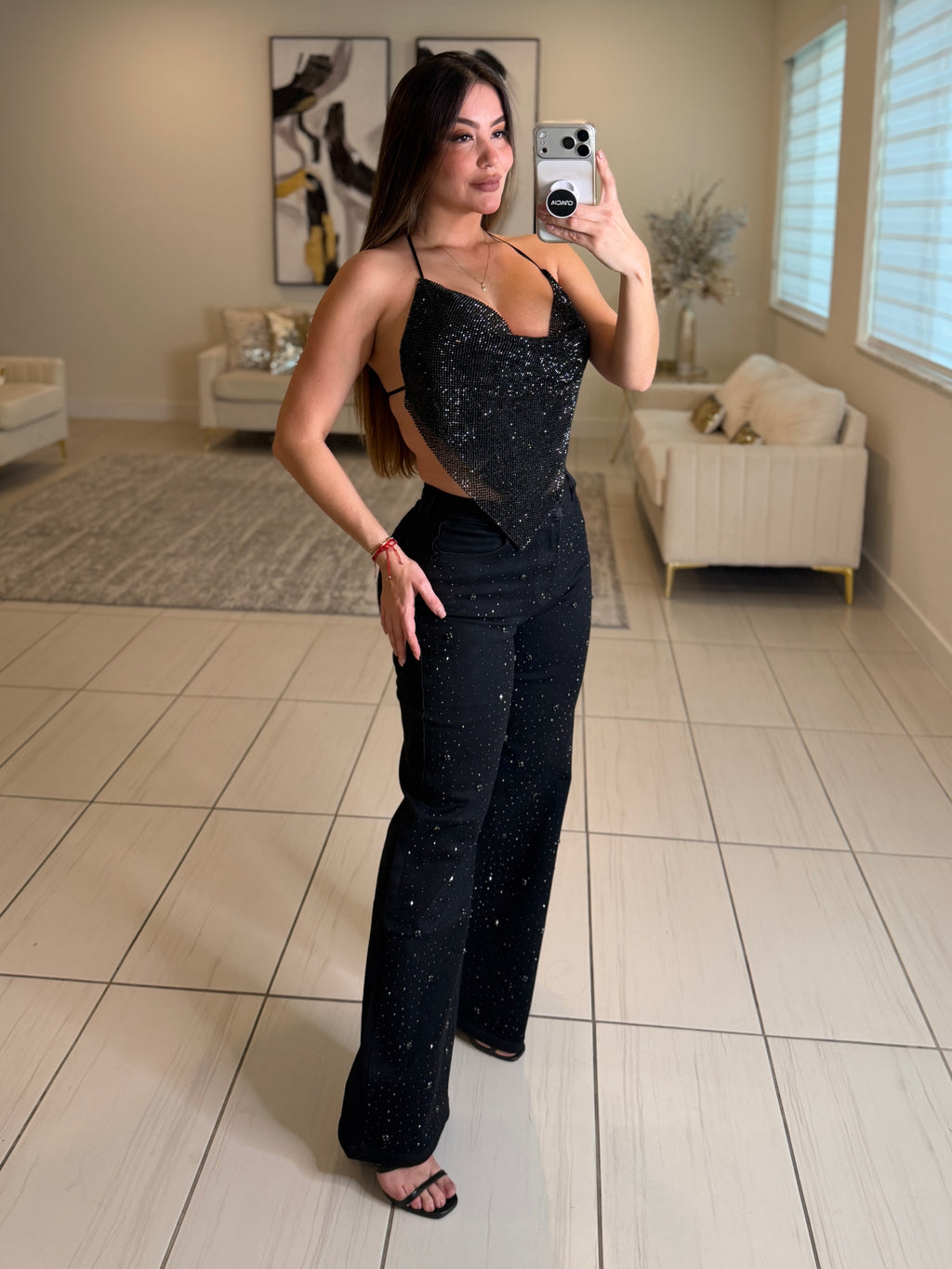 Night Code Rhinestones Black Denim Pants