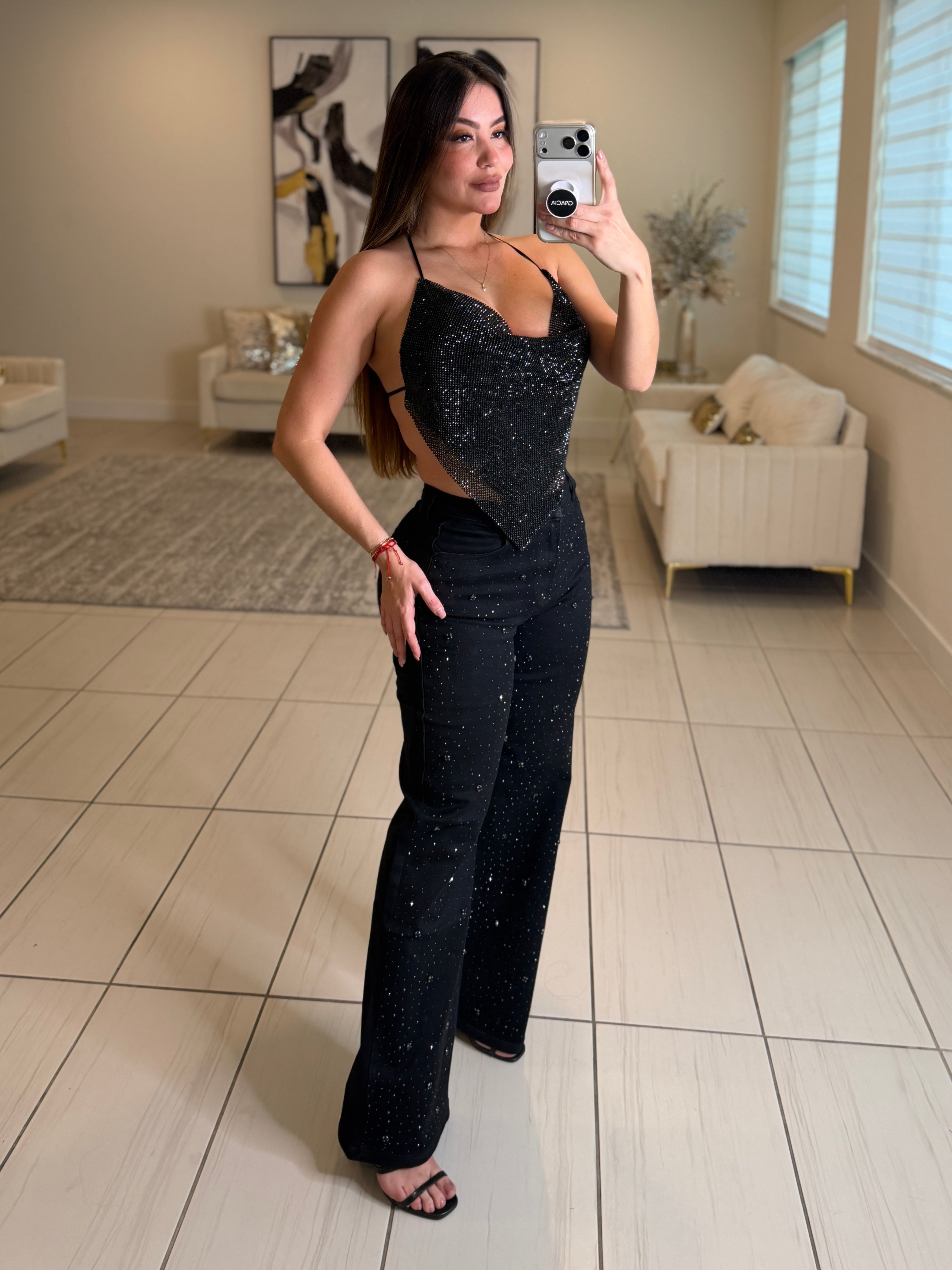 Night Code Rhinestones Black Denim Pants