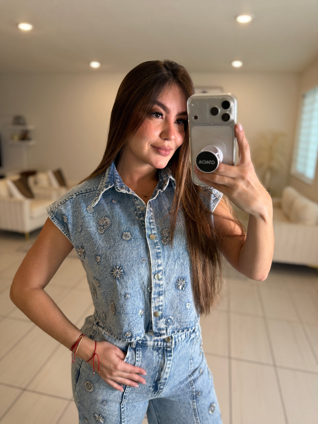 Perfect Silver Sequin Denim Pant Set