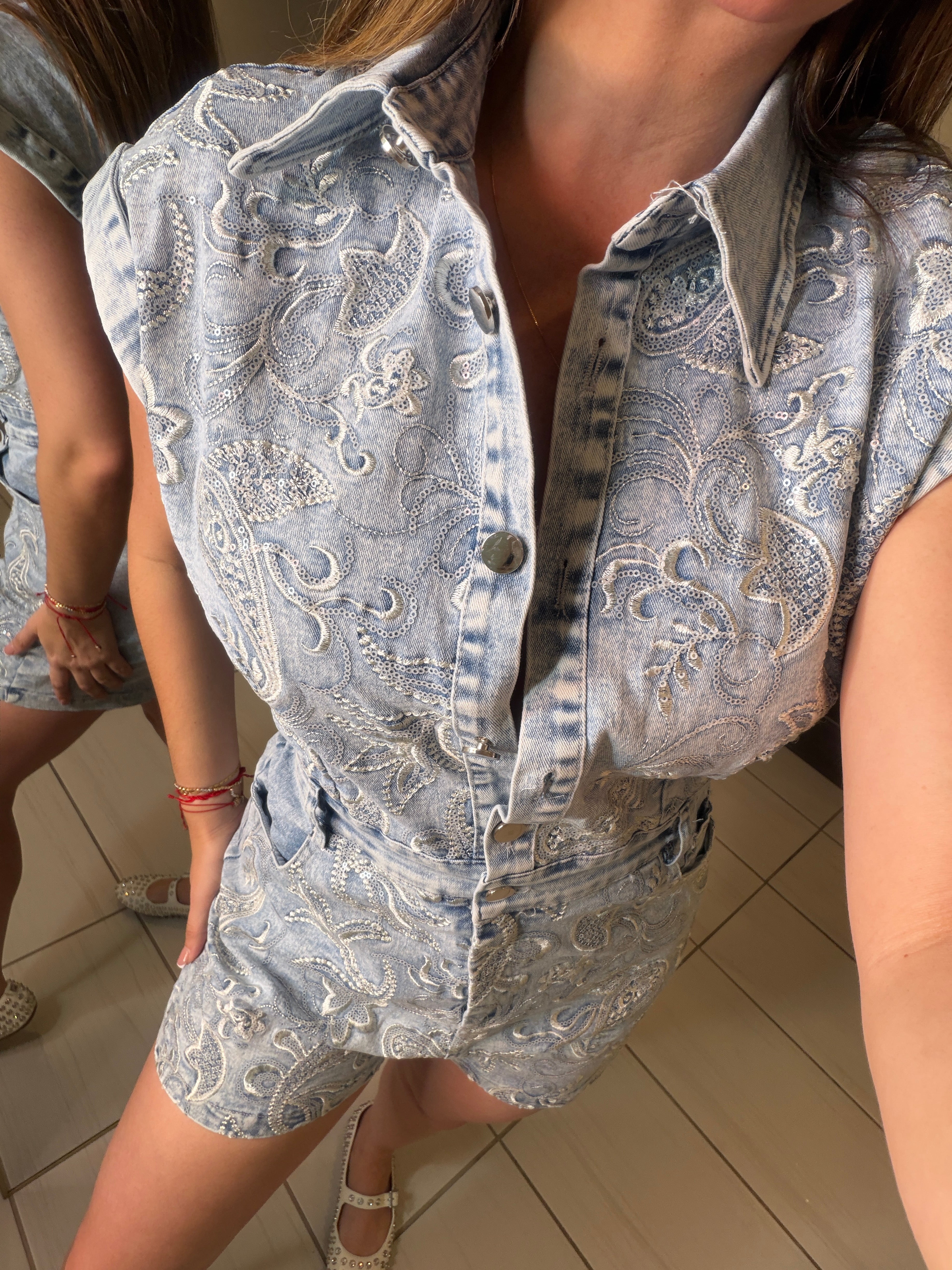 Sequin Embroidery Denim Romper
