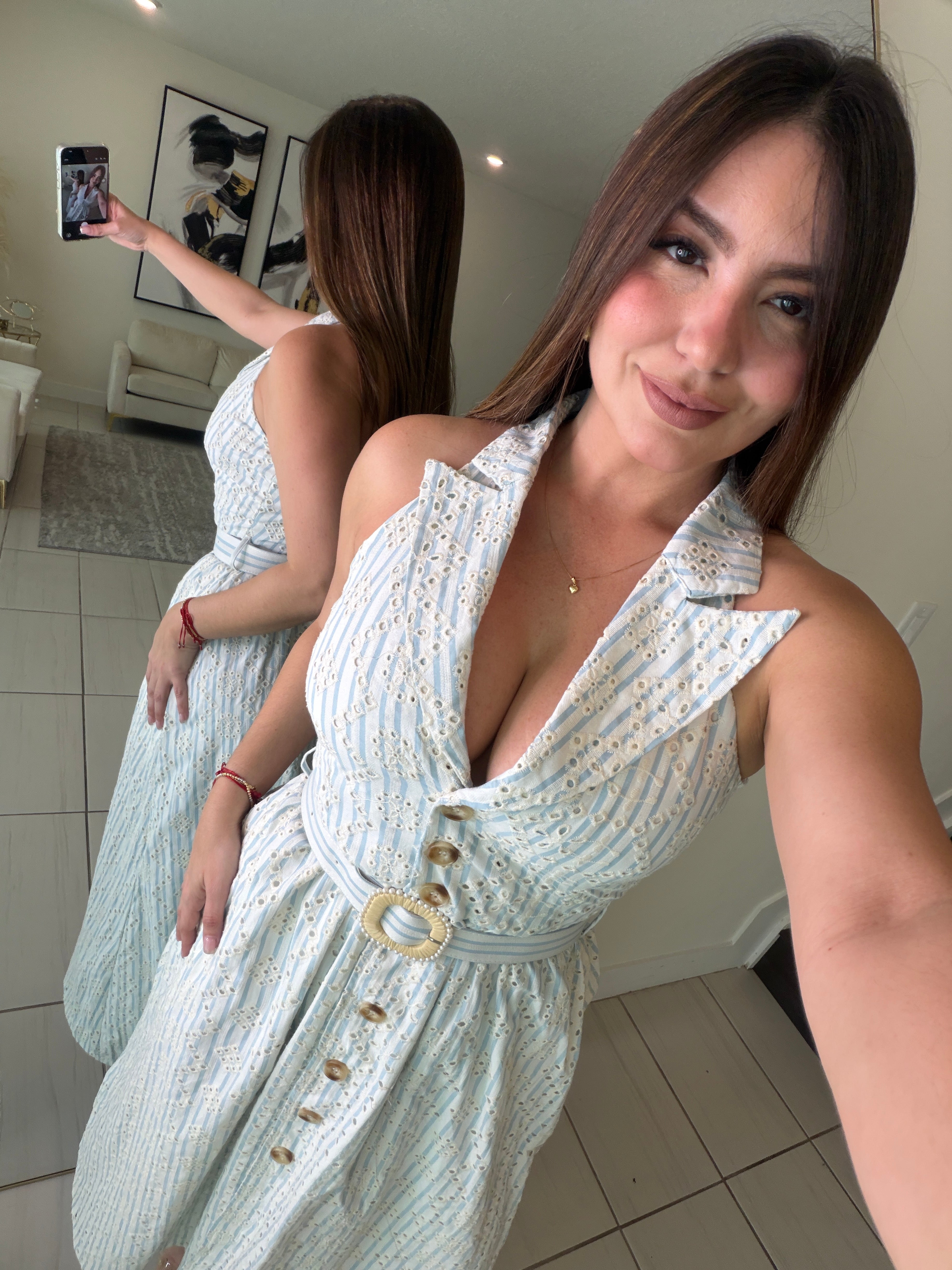 Romantic Stripes Eyelet Blue And White Dress