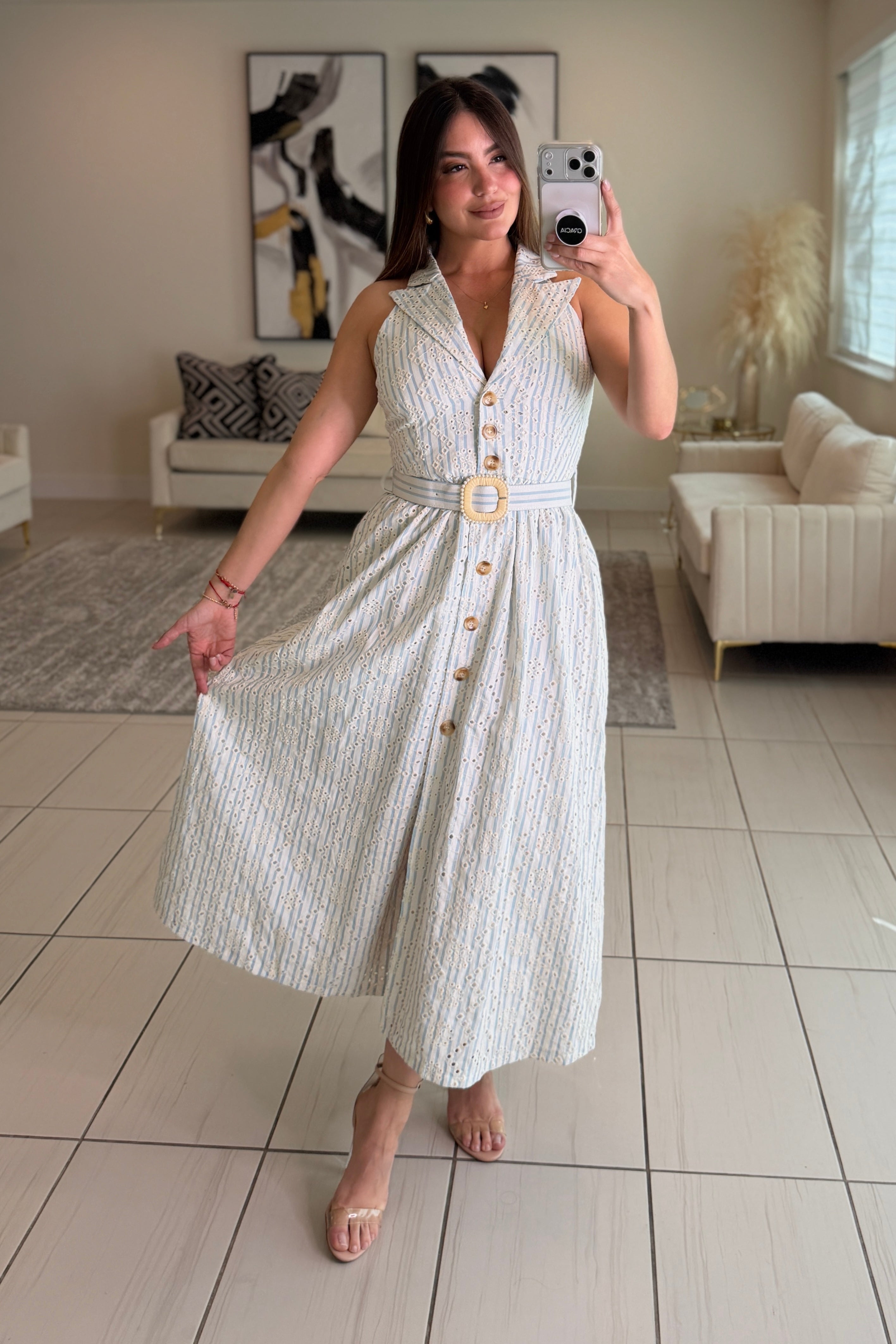 Romantic Stripes Eyelet Blue And White Dress