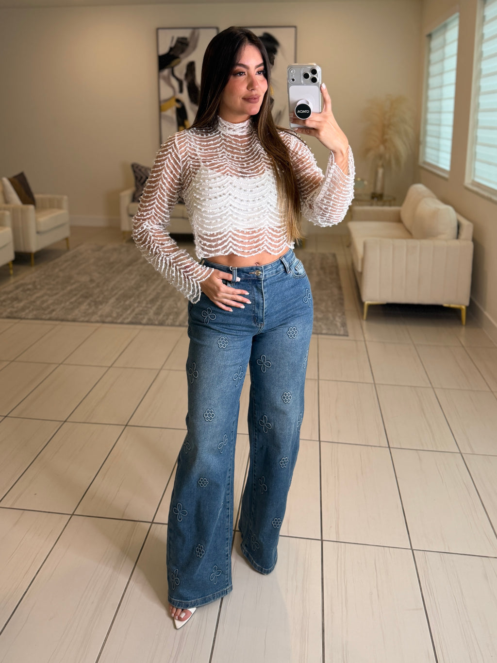 The Bloom Effect Floral Blue Denim Pants