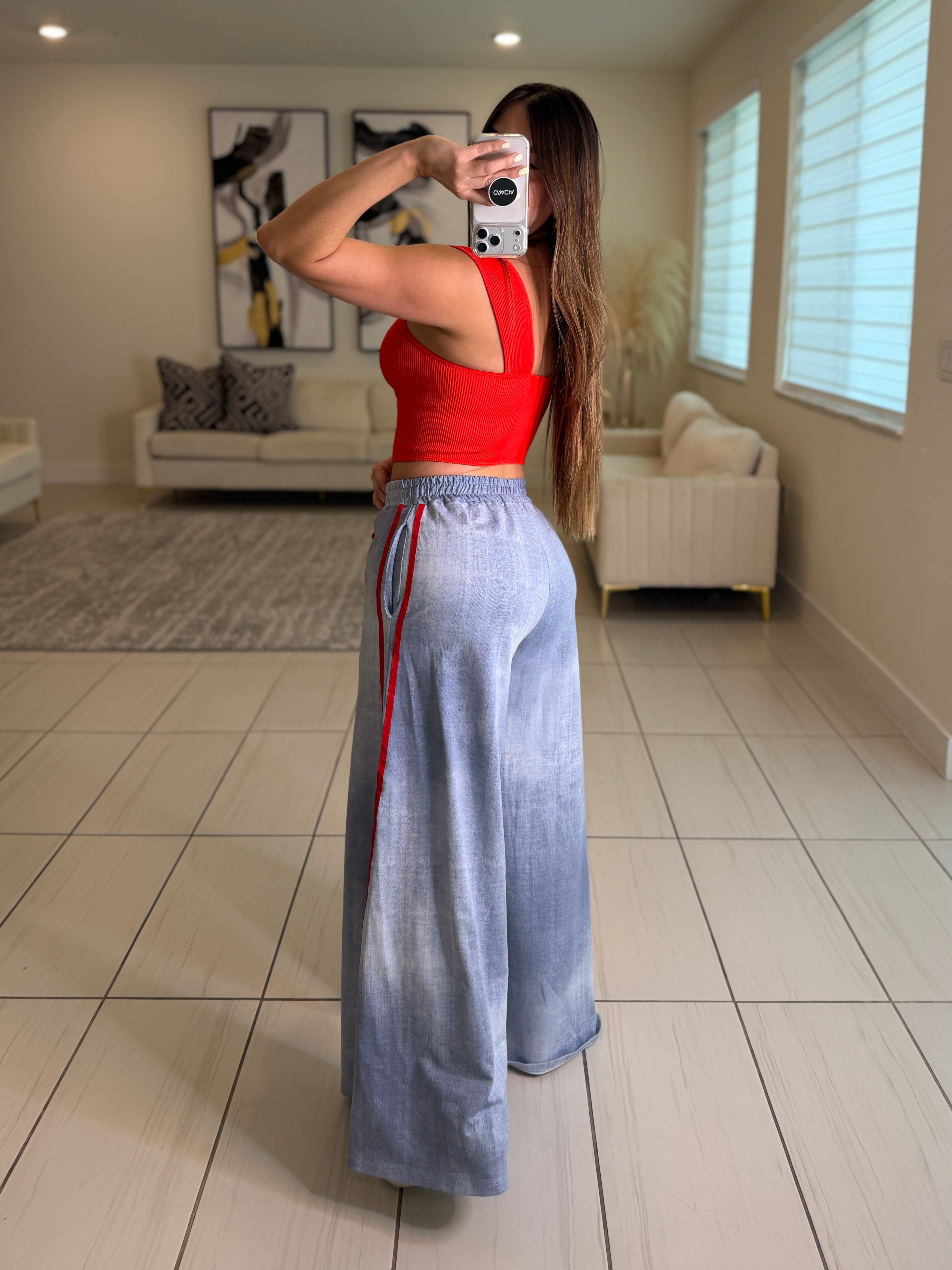 Red Stripes Flare Blue Pants