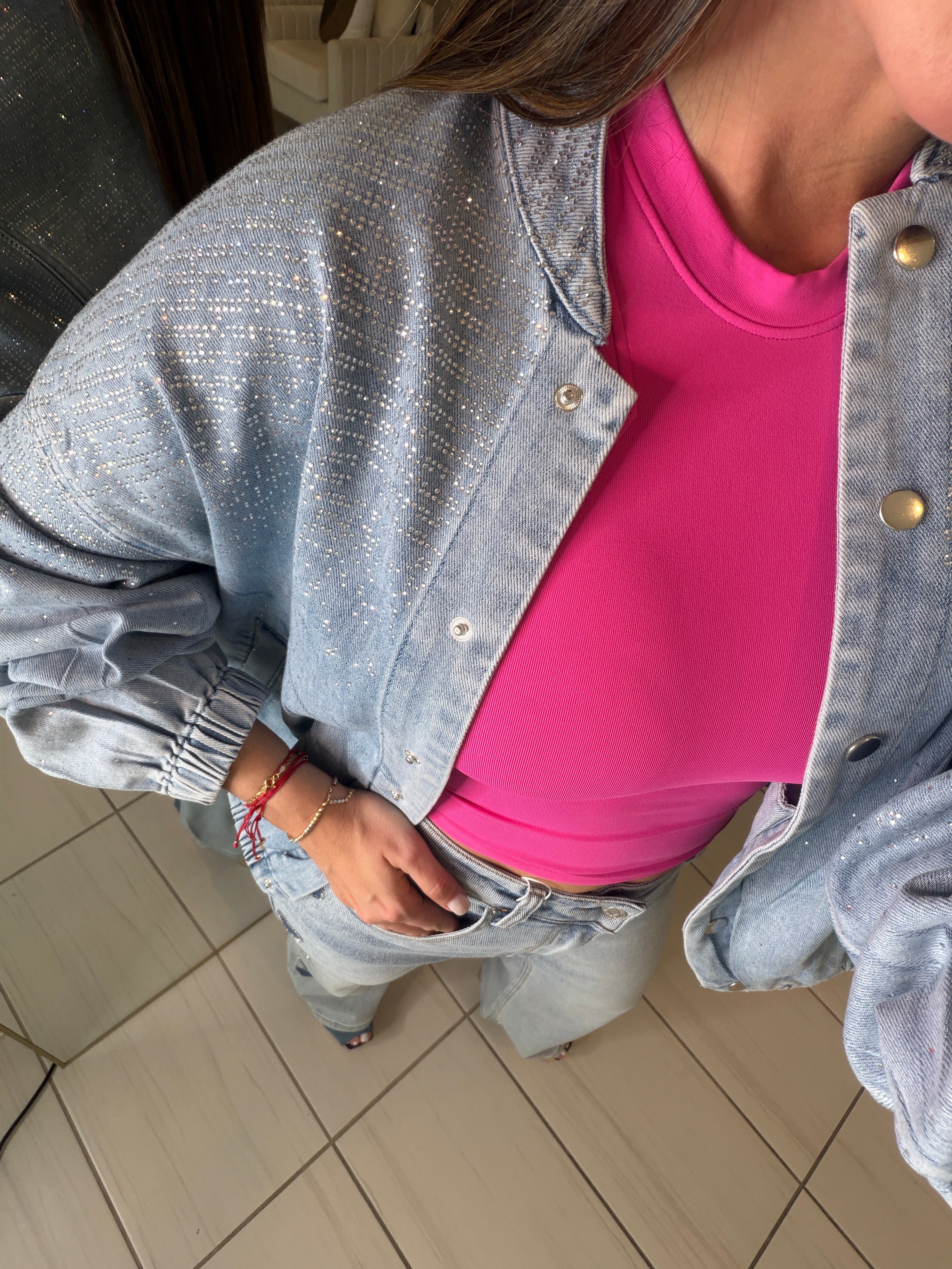 Cozy Rhinestones Denim Bomber Jacket