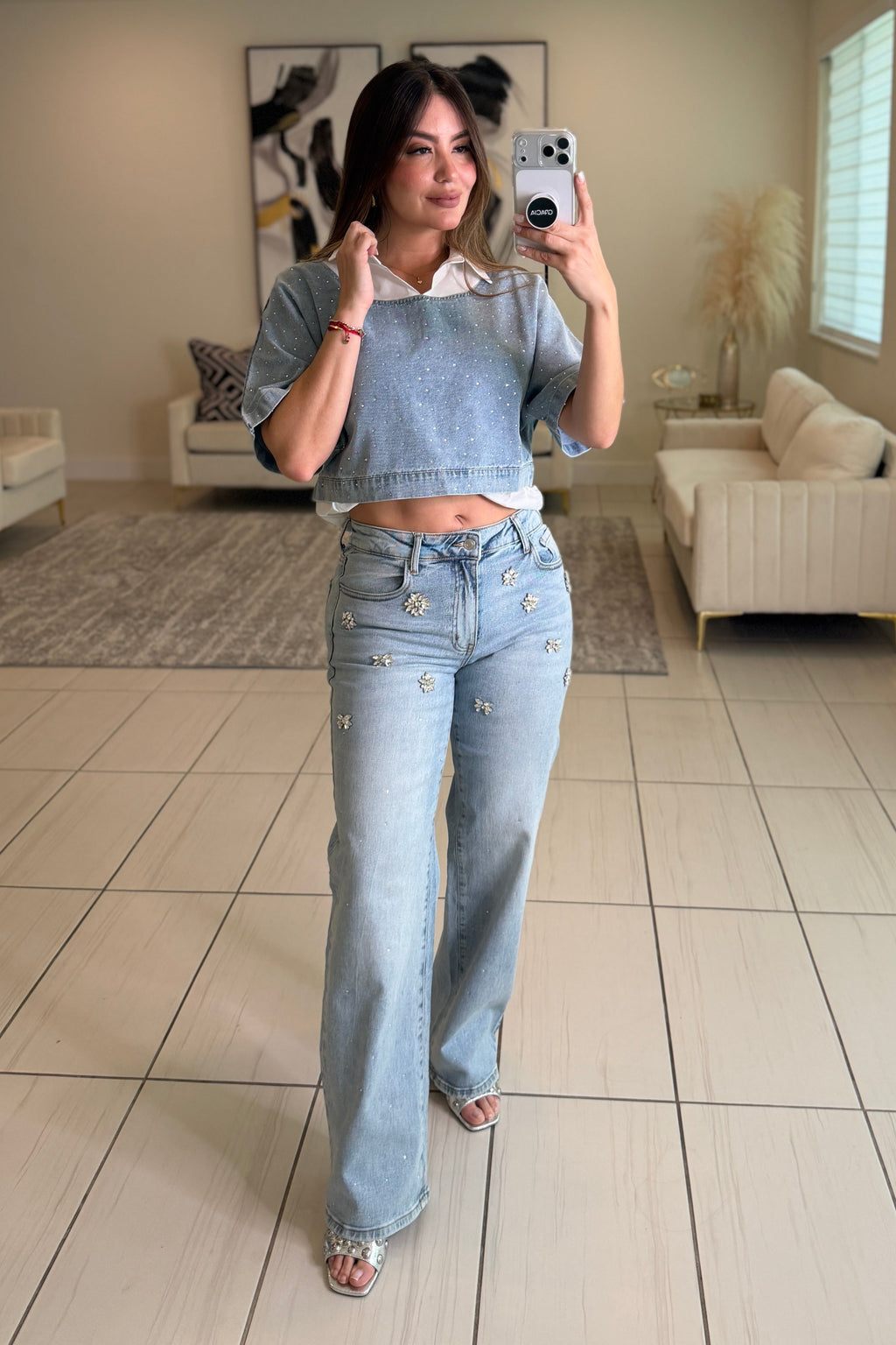 Sparkling Stones Flowers Denim Pants