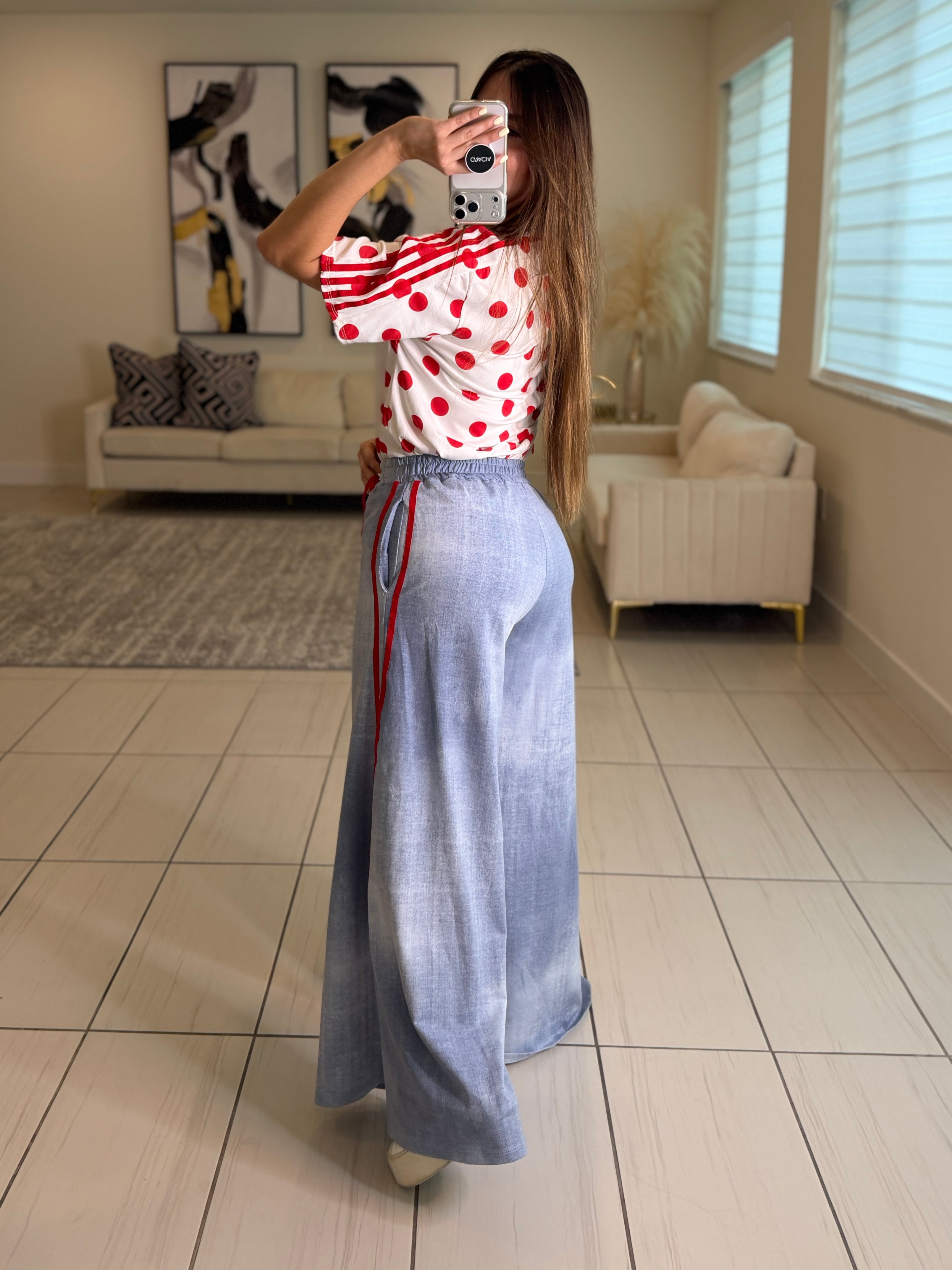 Red Stripes Flare Blue Pants