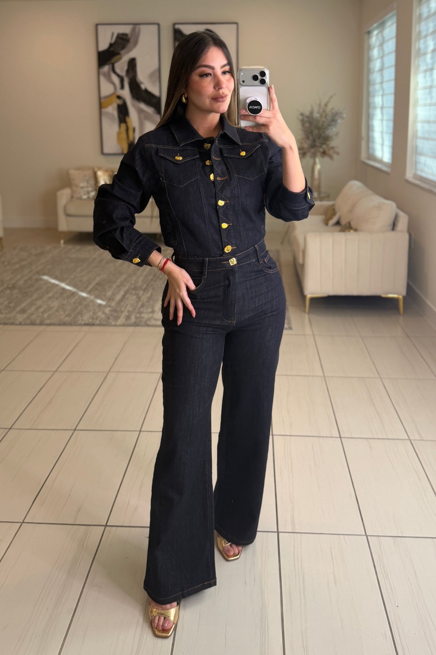 Luxe Gold Button Denim Pant Set