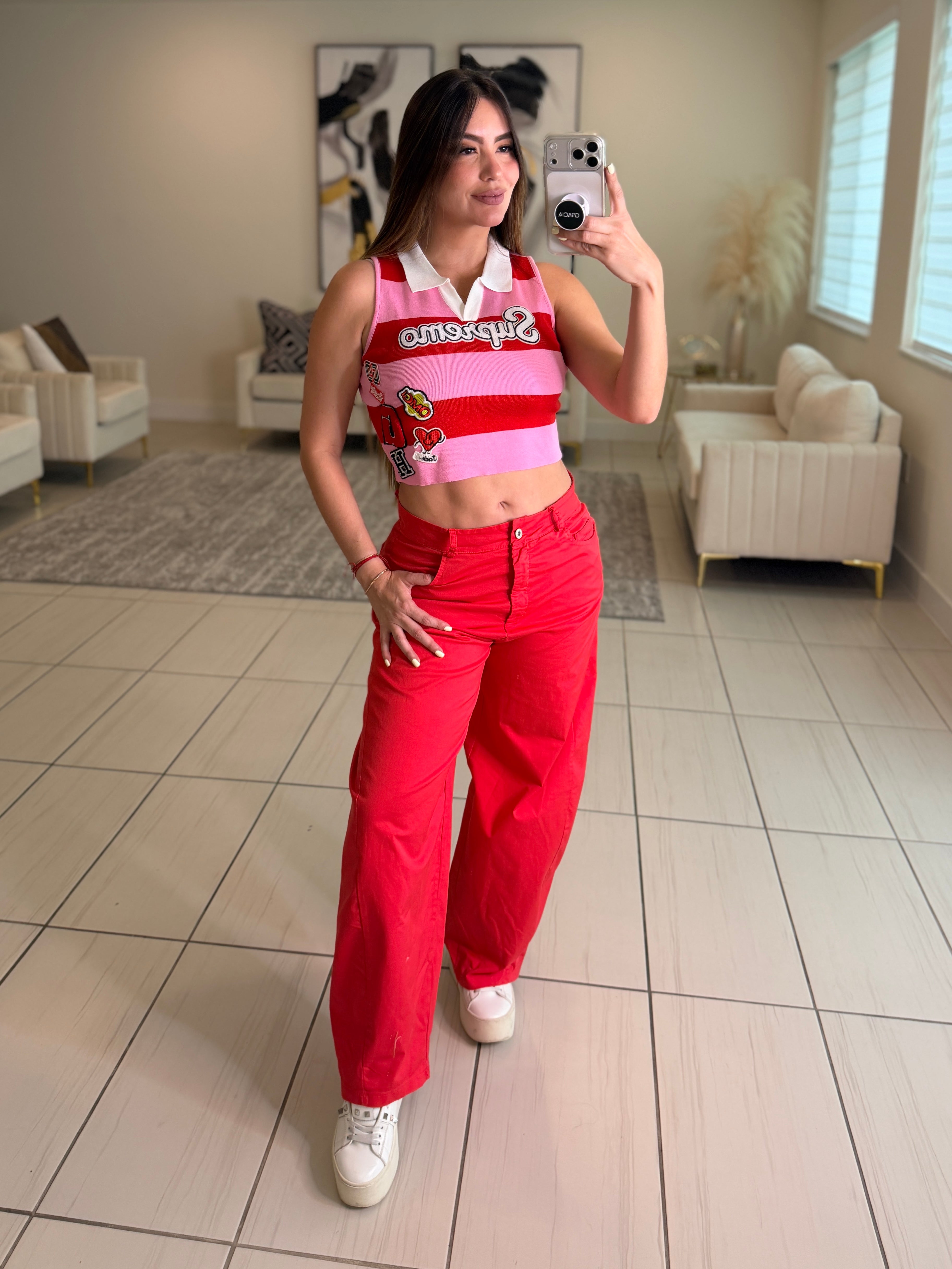 Supremo Horizontal Stripes Red and Pink Top