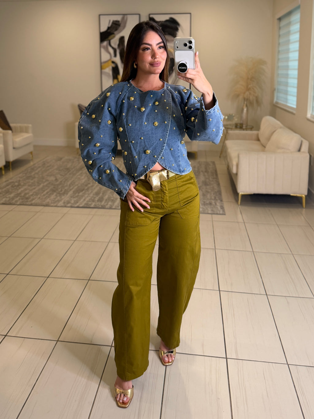 Luxe Golden Dots Denim Top