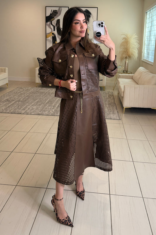 Luxe Regiment Faux  Brown Skirt Set