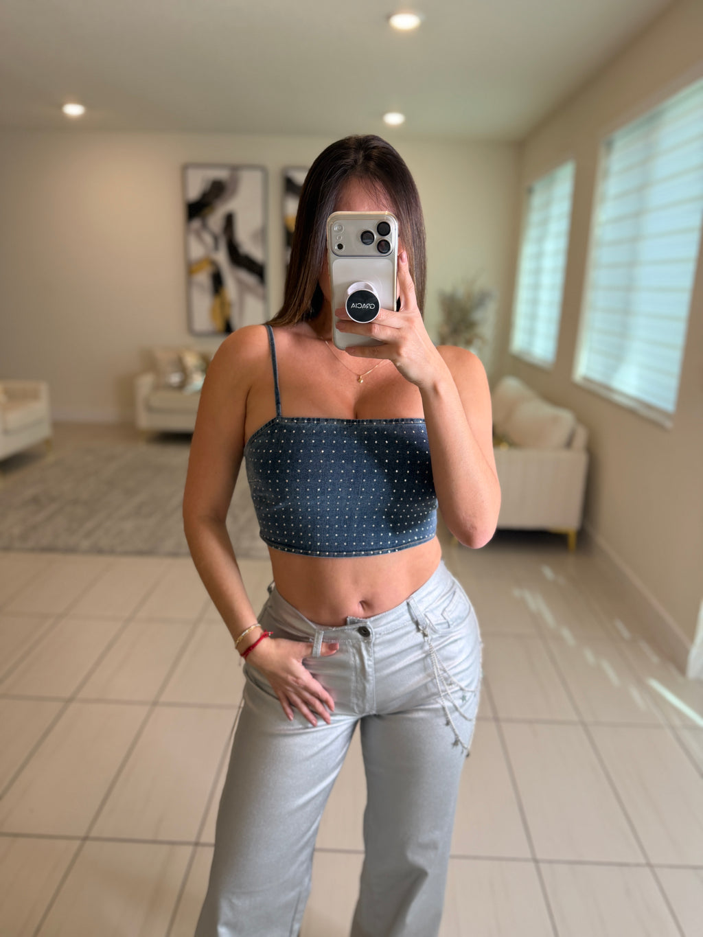 Luxe Rhinestones Denim Crop Top