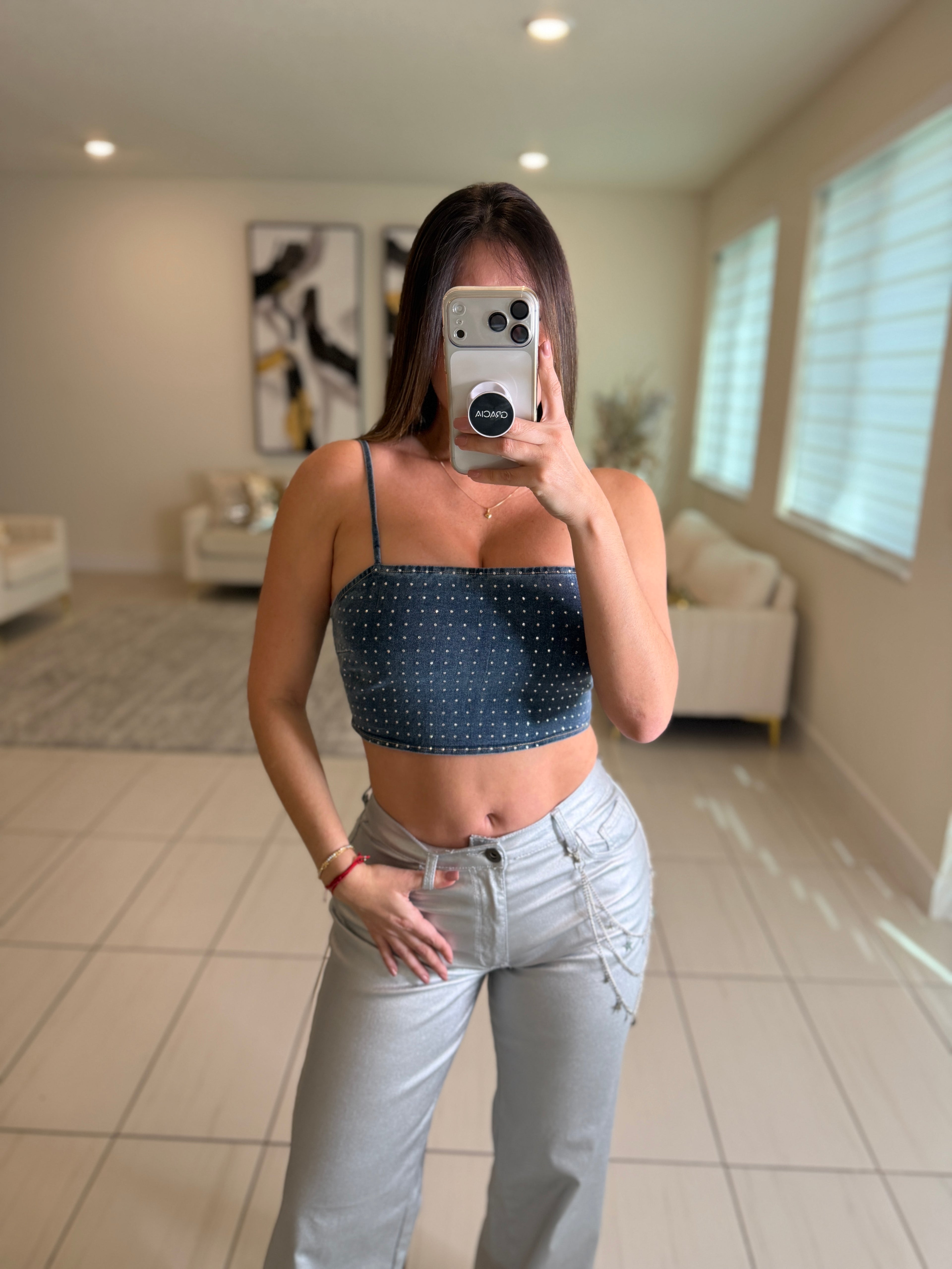 Luxe Rhinestones Denim Crop Top