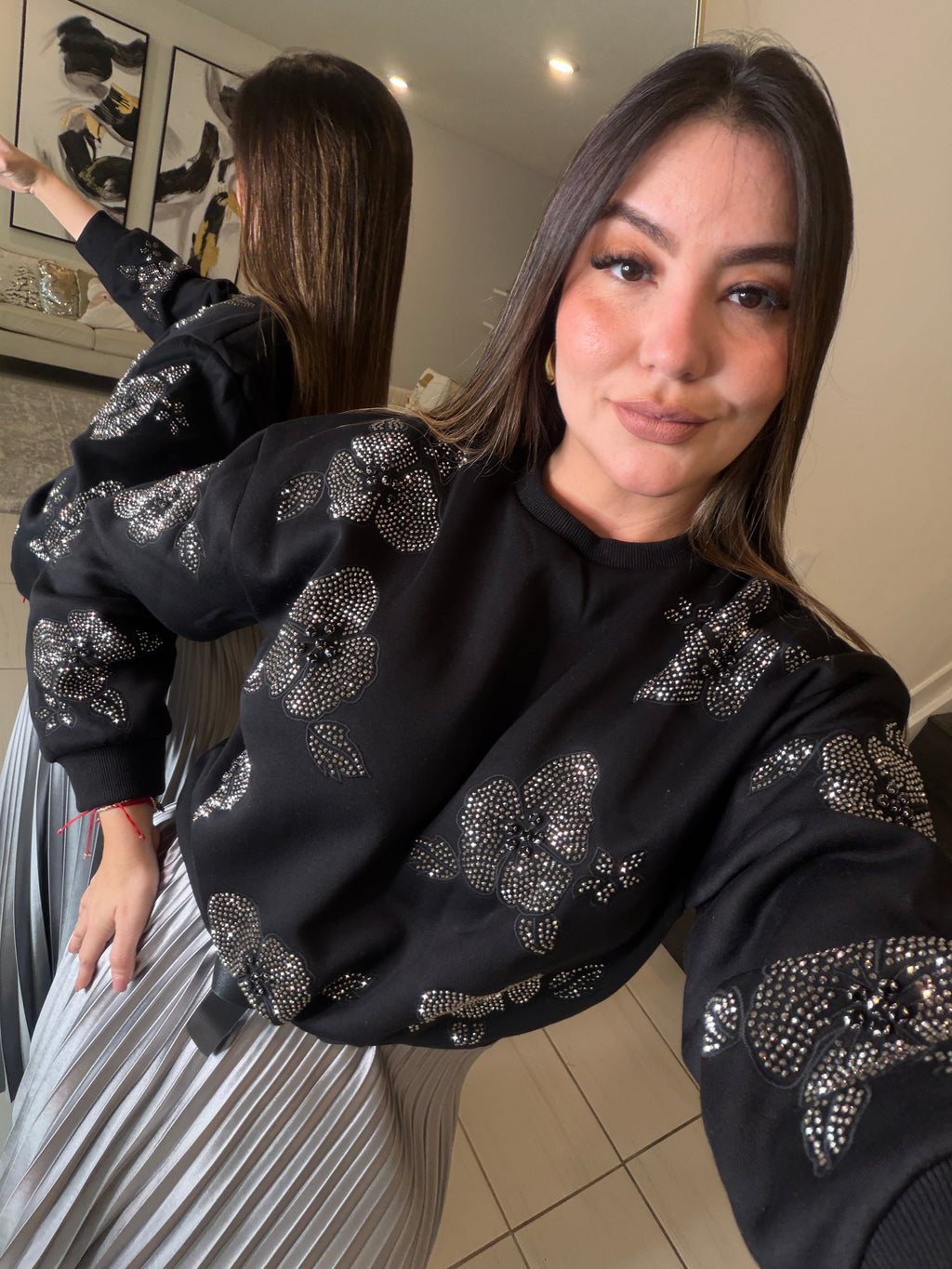 Blossom Rhinestones Black Sweater