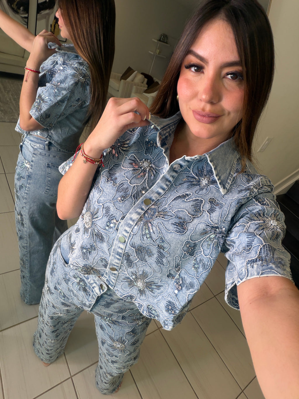 Blossom Sequin Denim Pant Set