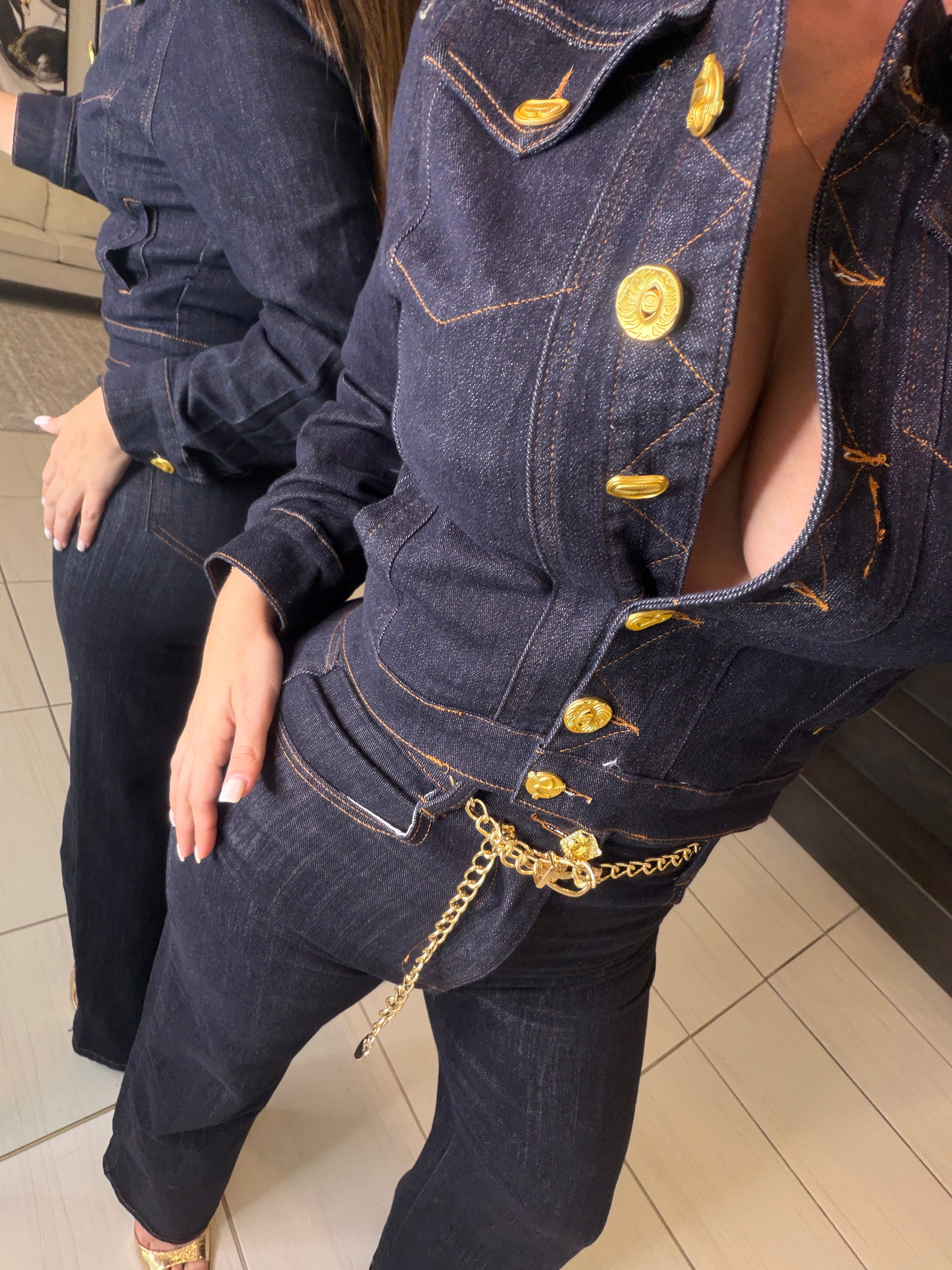 Luxe Gold Button Denim Pant Set
