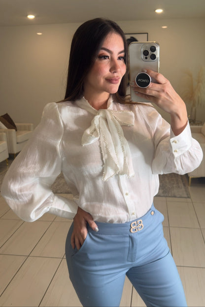 Pearl Embroidery Off White Top