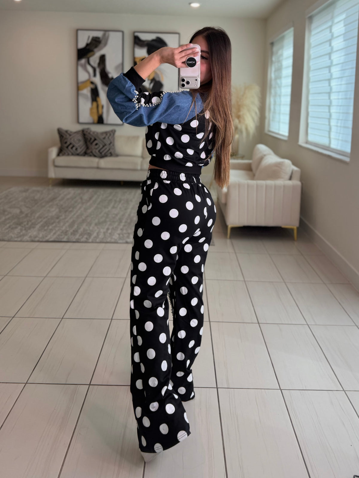 Polka Contrast Statement Black Pant Set