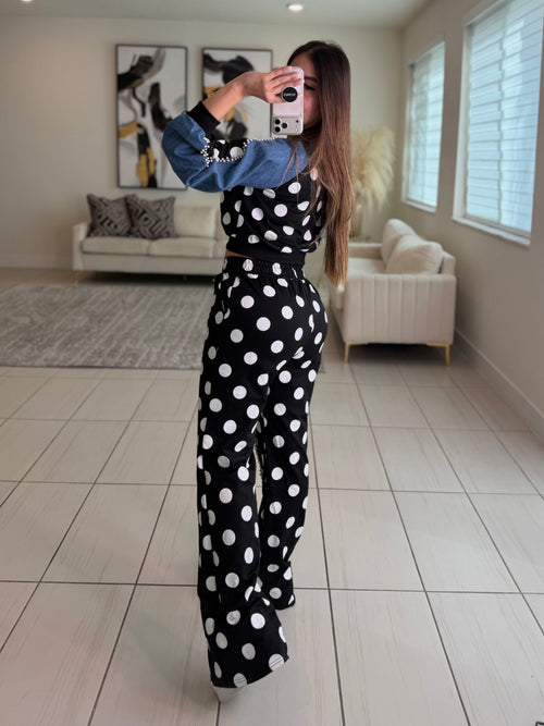 Polka Contrast Statement Black Pant Set