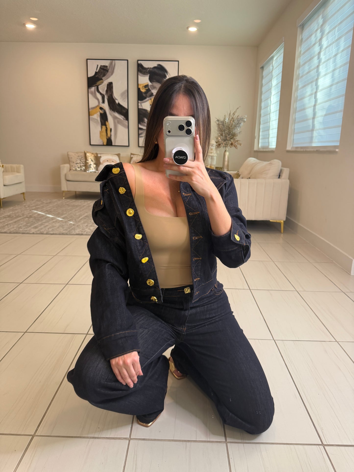 Luxe Gold Button Denim Pant Set