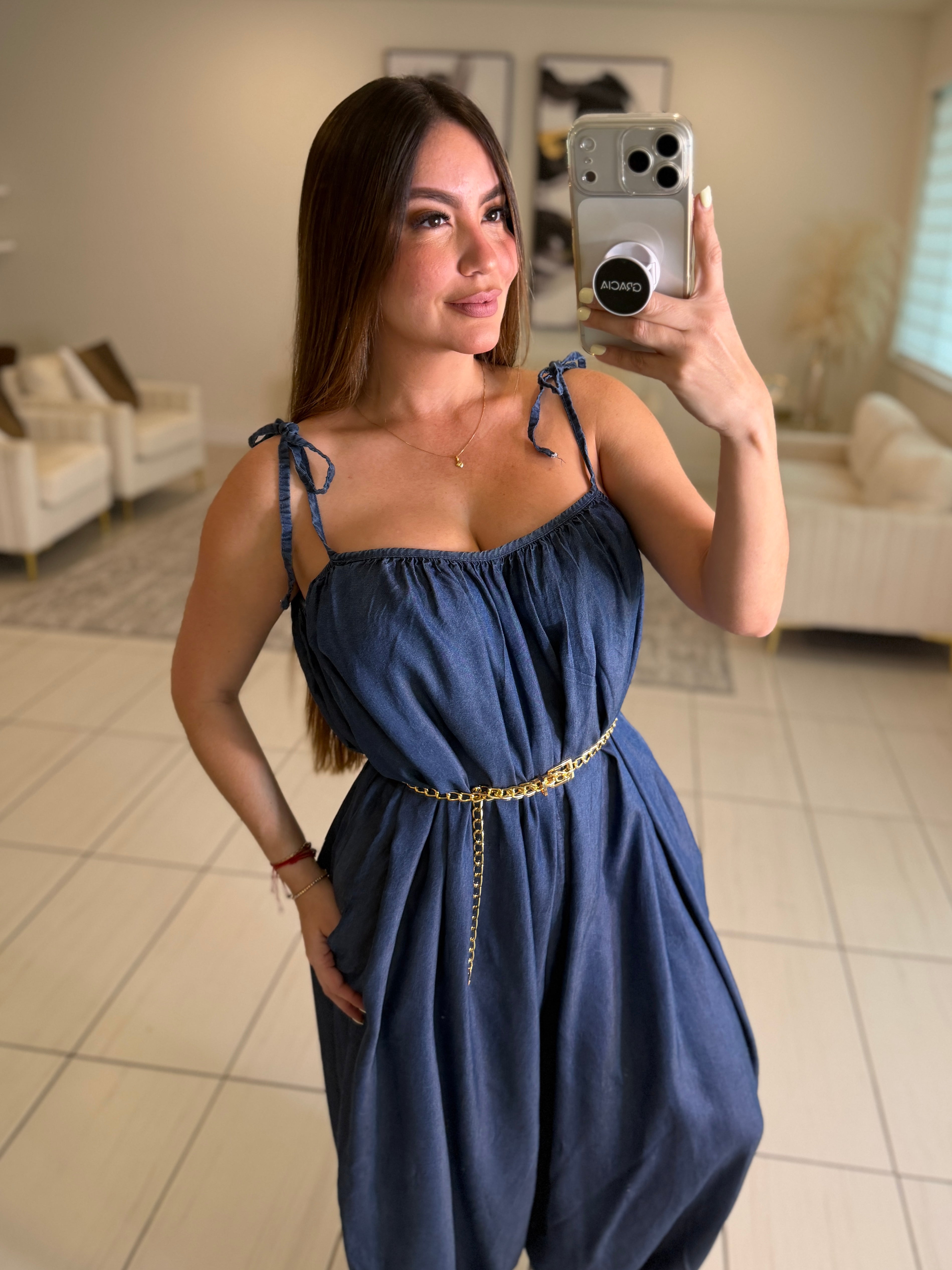 Effortless Essence Ruched Dark Denim Jumpsuit