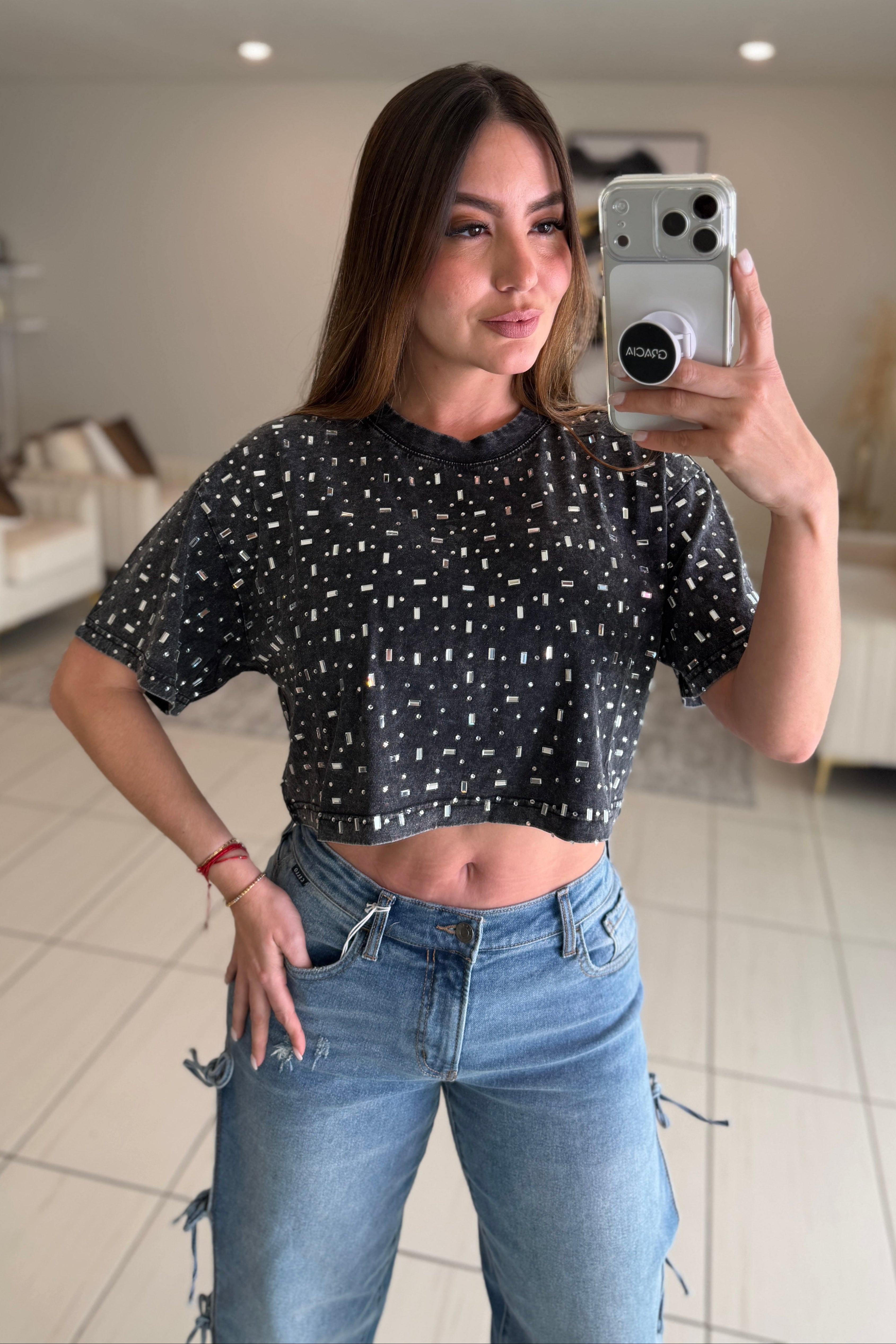 Glow Up Rhinestones Black Top