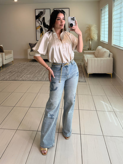 Mock Nek Band Puff Beige Top