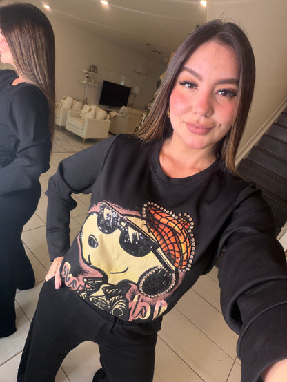 Funny Rhinestones Black Pant Set