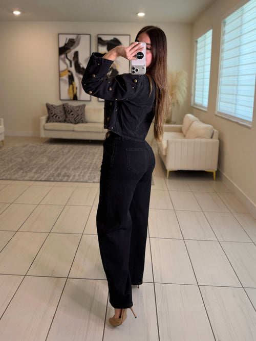 Luxe Gold Hoops Black Barrel Pants
