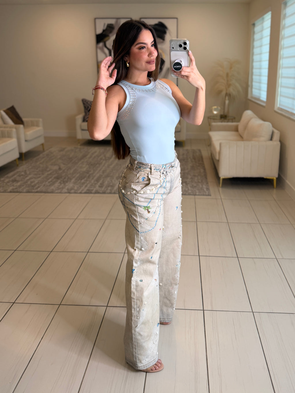 Glam Seashells Beige Denim Pants