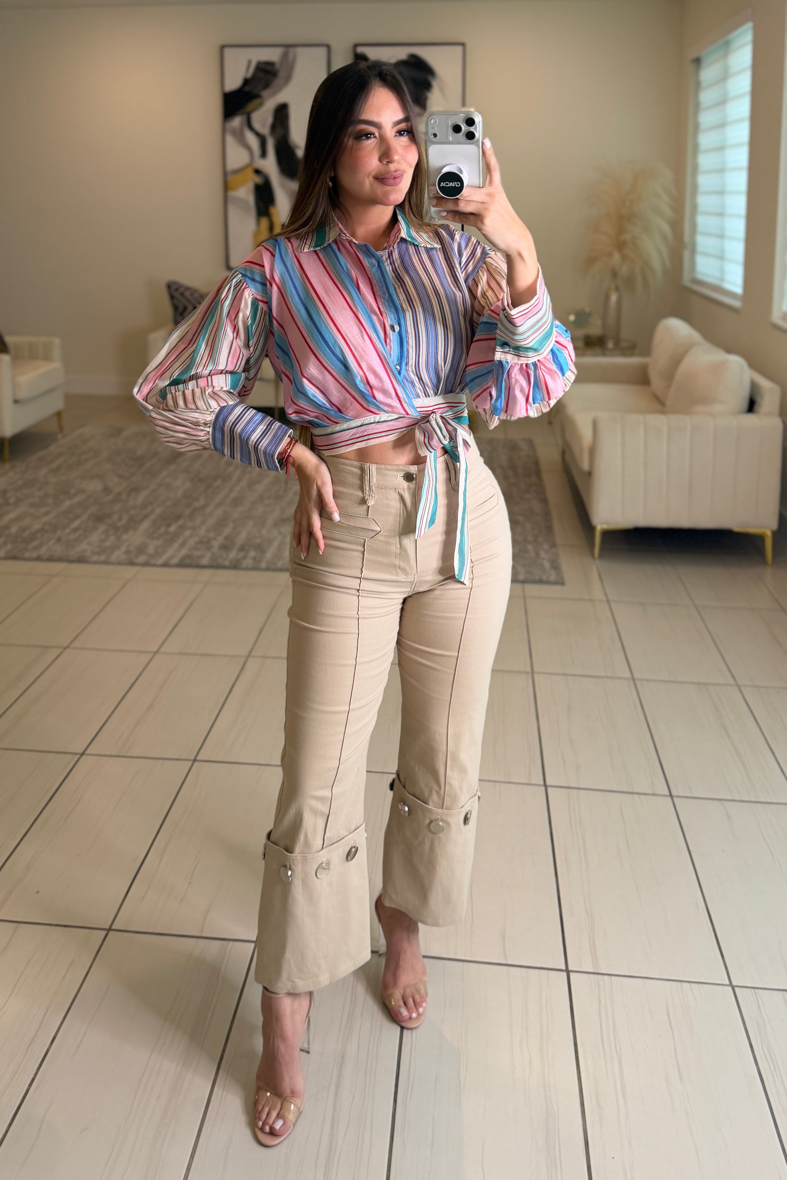 Stunning Silver Buttons Beige Pants
