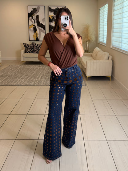 Bronze Shiny Polka Dots Denim Pants