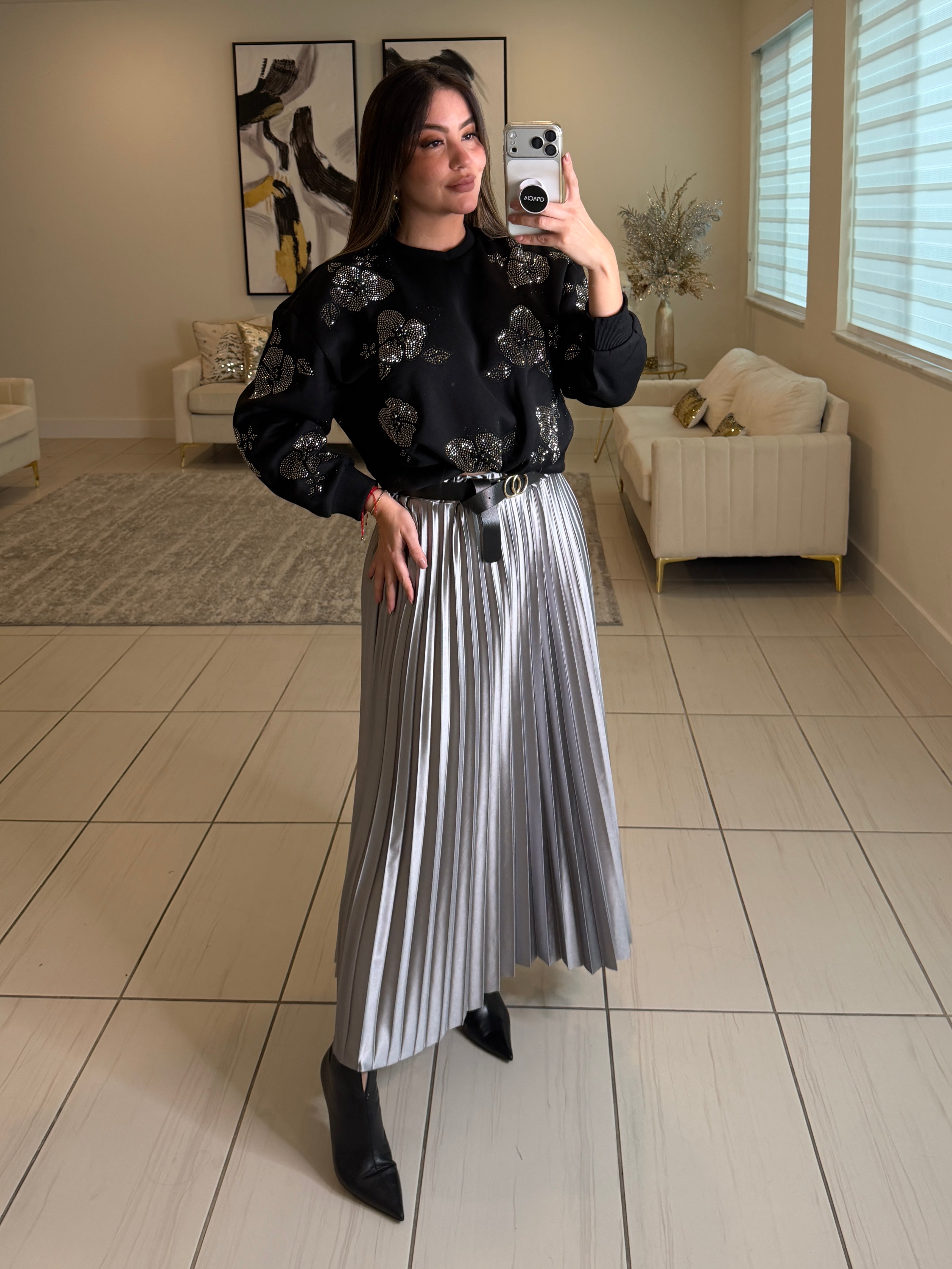 Blossom Rhinestones Black Sweater