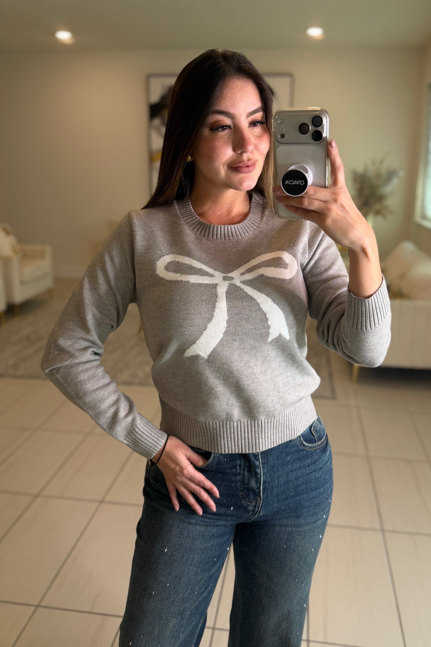 White Bow Grey Knit Sweater