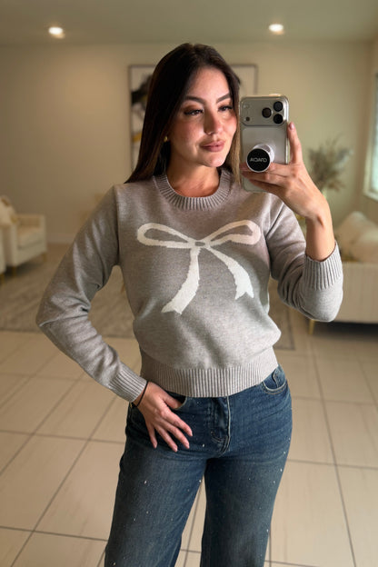 White Bow Grey Knit Sweater