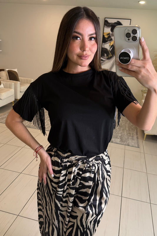 Sequin Fringe Black Top