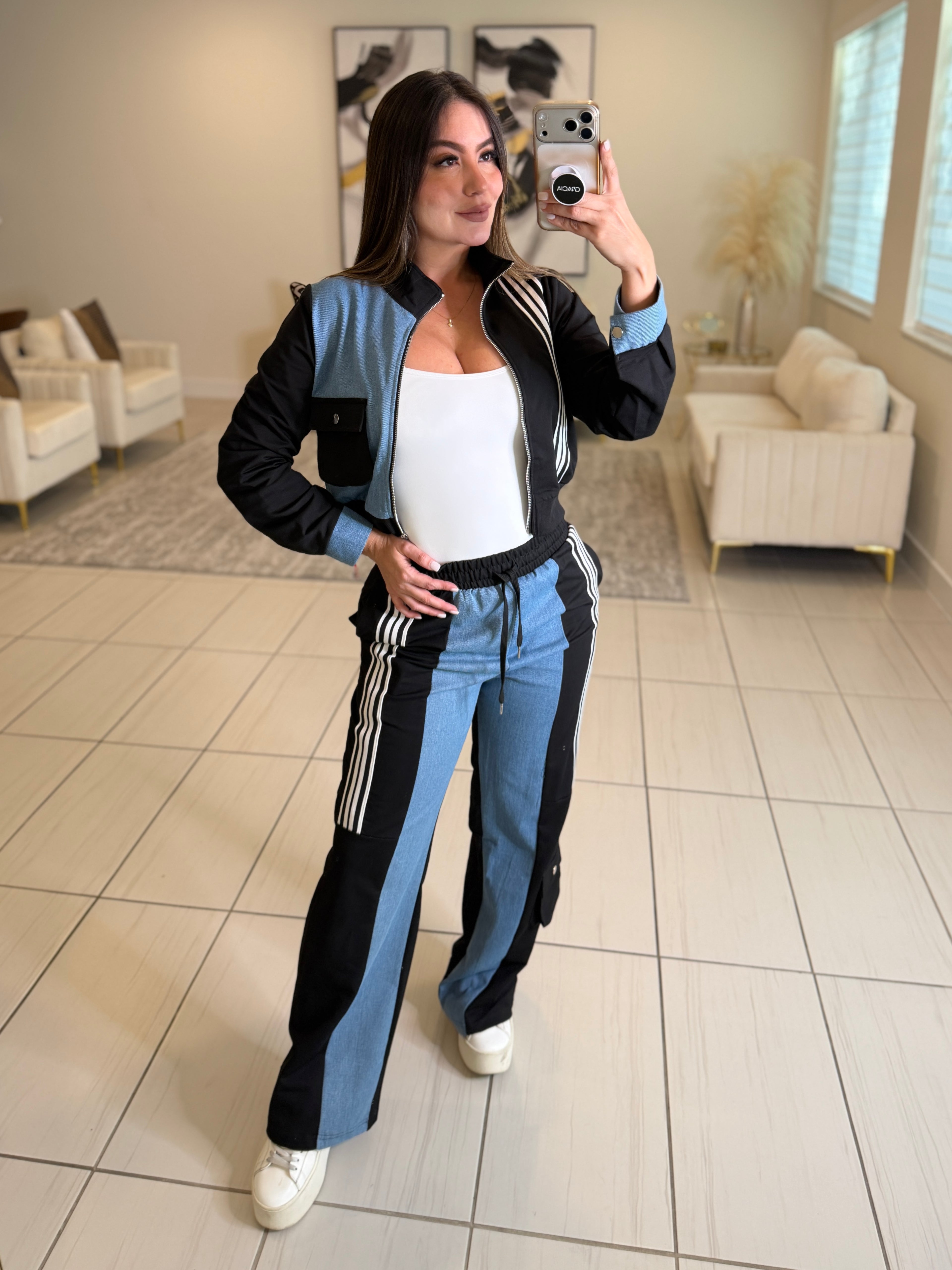 Divine Black and Denim Contrast Pant Set